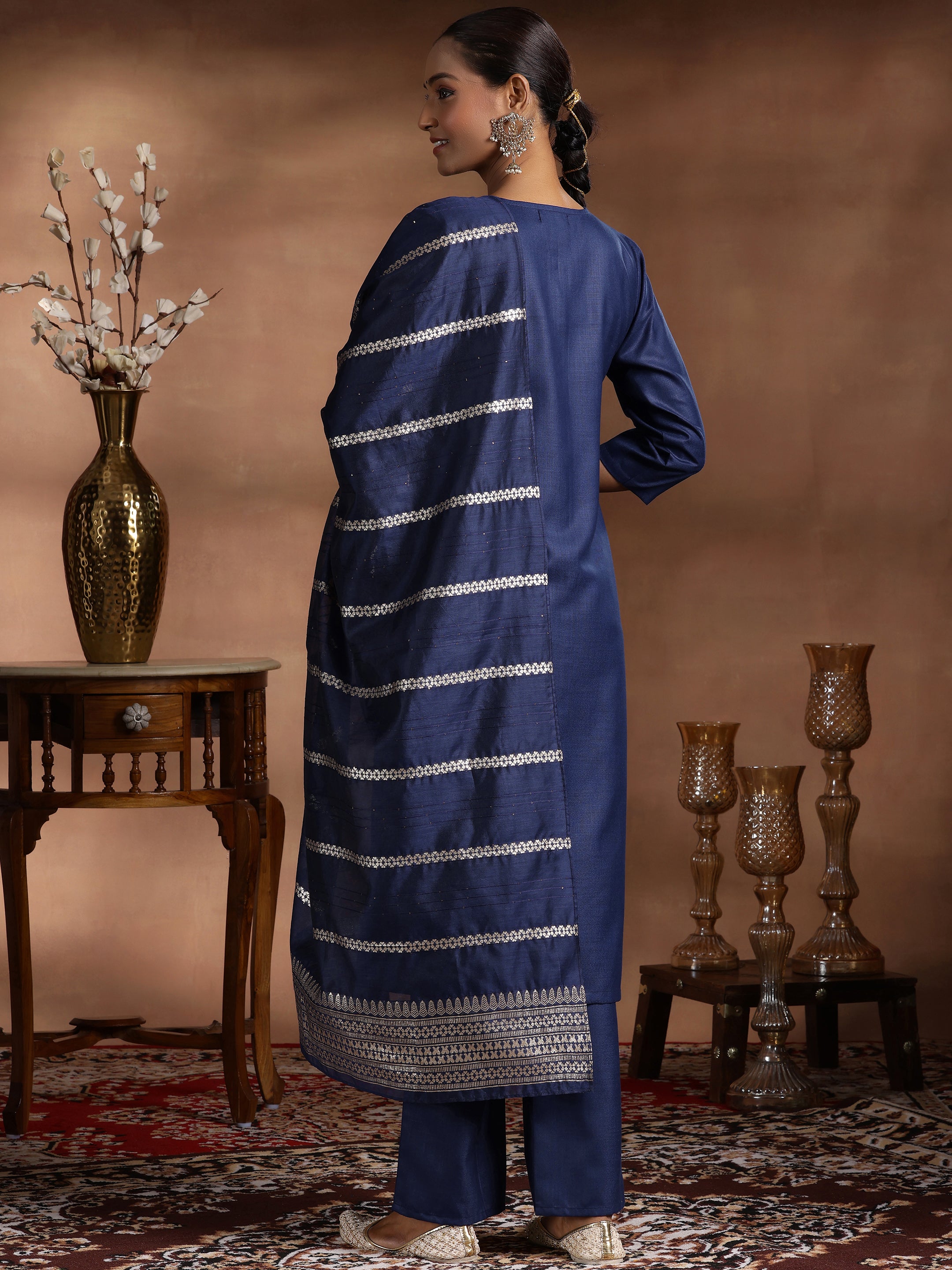 Navy Blue Solid Cotton Blend Straight Suit With Dupatta