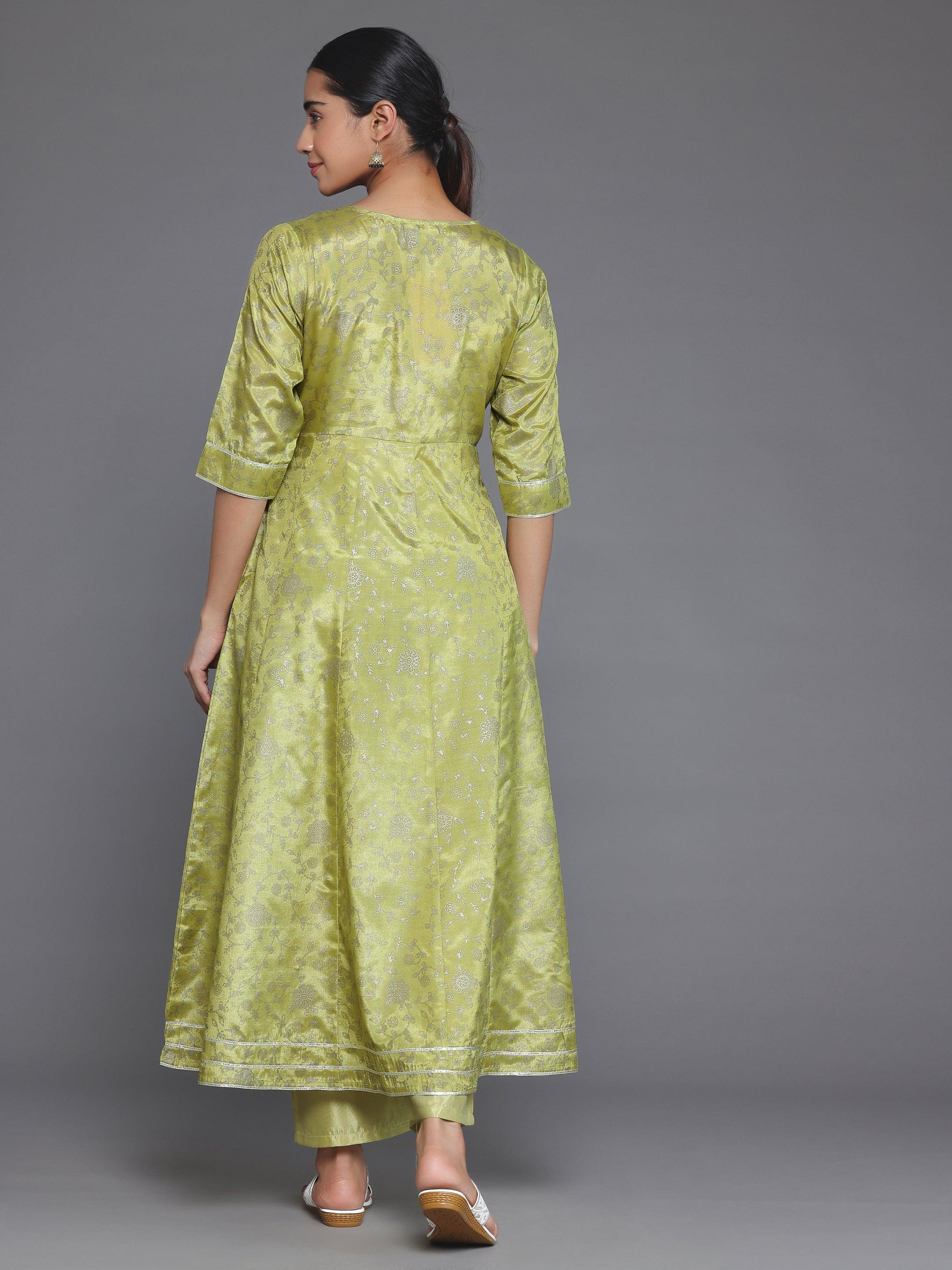 Green Printed Silk Blend A-Line Kurta With Trousers