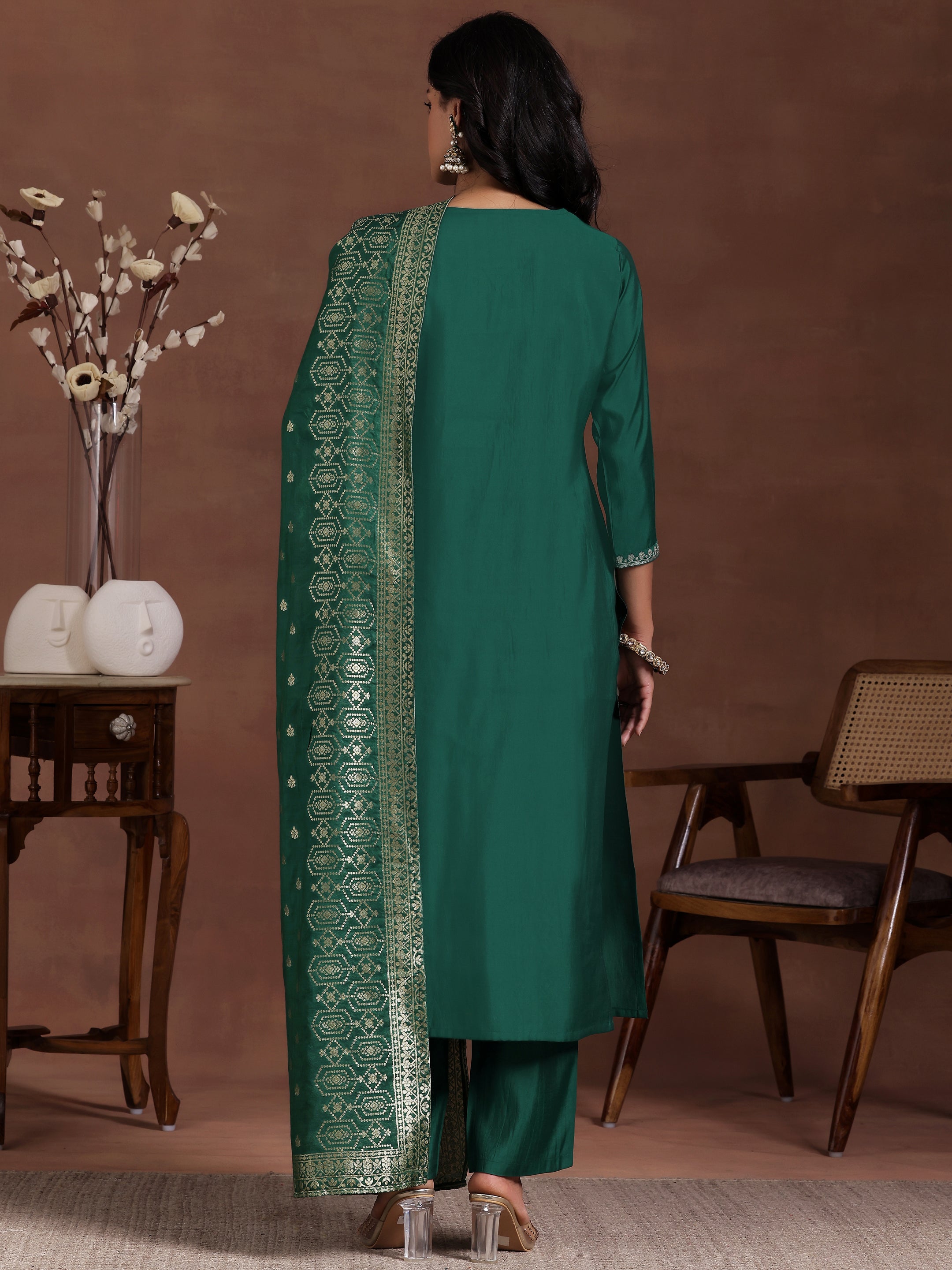 Green Yoke Design Silk Blend Straight Suit With Dupatta