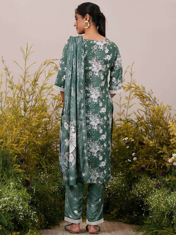 Green Printed Cotton Straight Kurta With Palazzos & Dupatta - ShopLibas