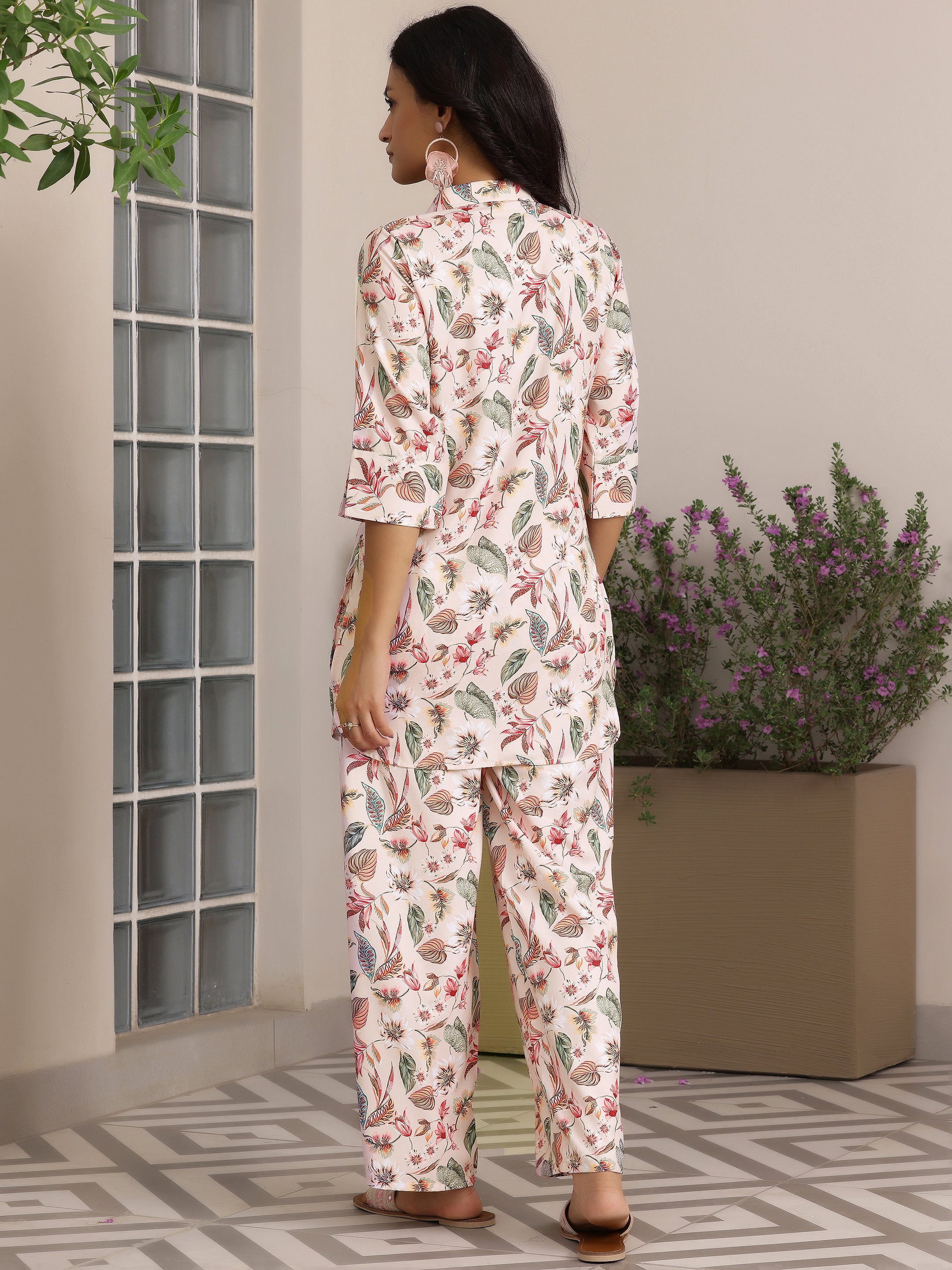 Peach Printed Silk Blend Co-Ords