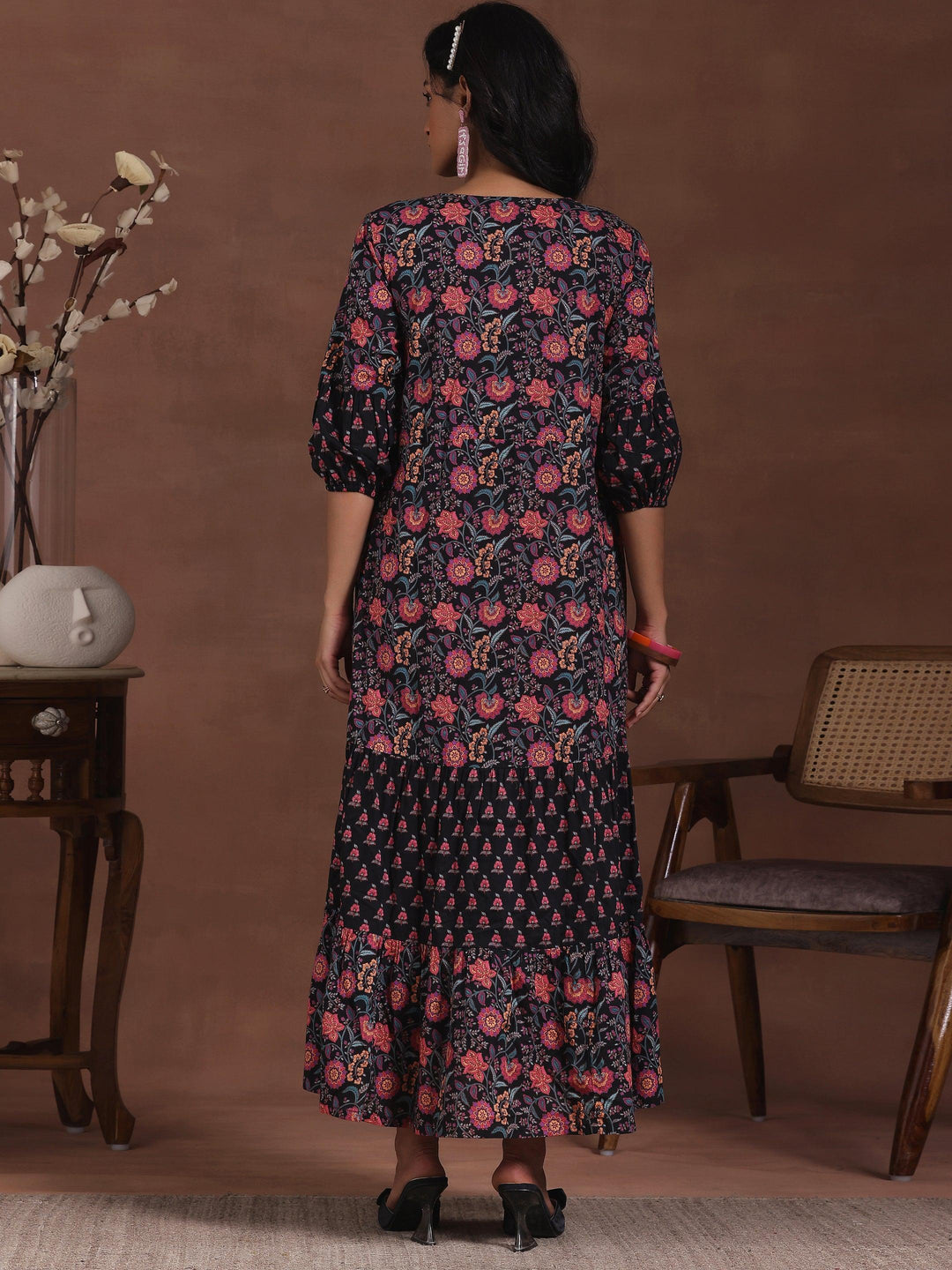 Black Printed Cotton A-Line Dress - Libas