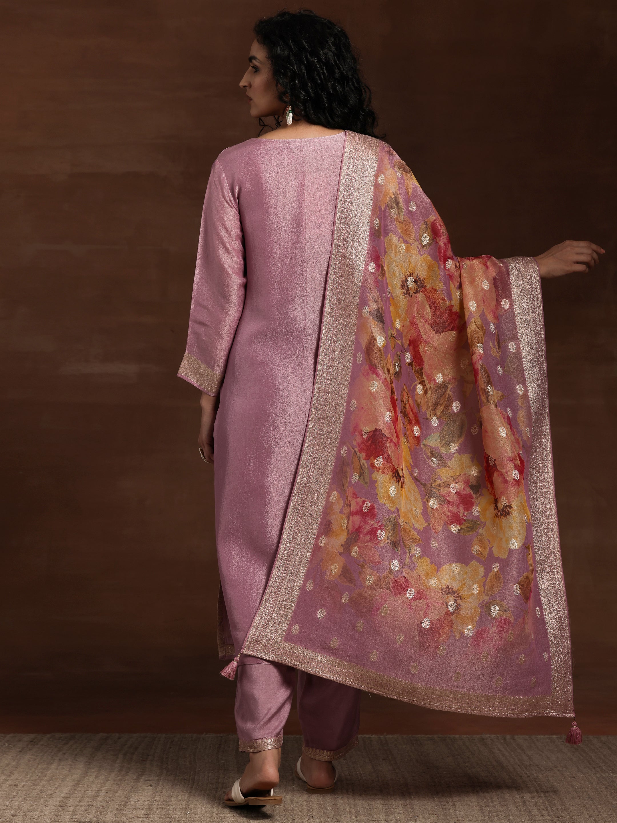 Mauve Woven Design Silk Blend Straight Kurta With Palazzos & Dupatta