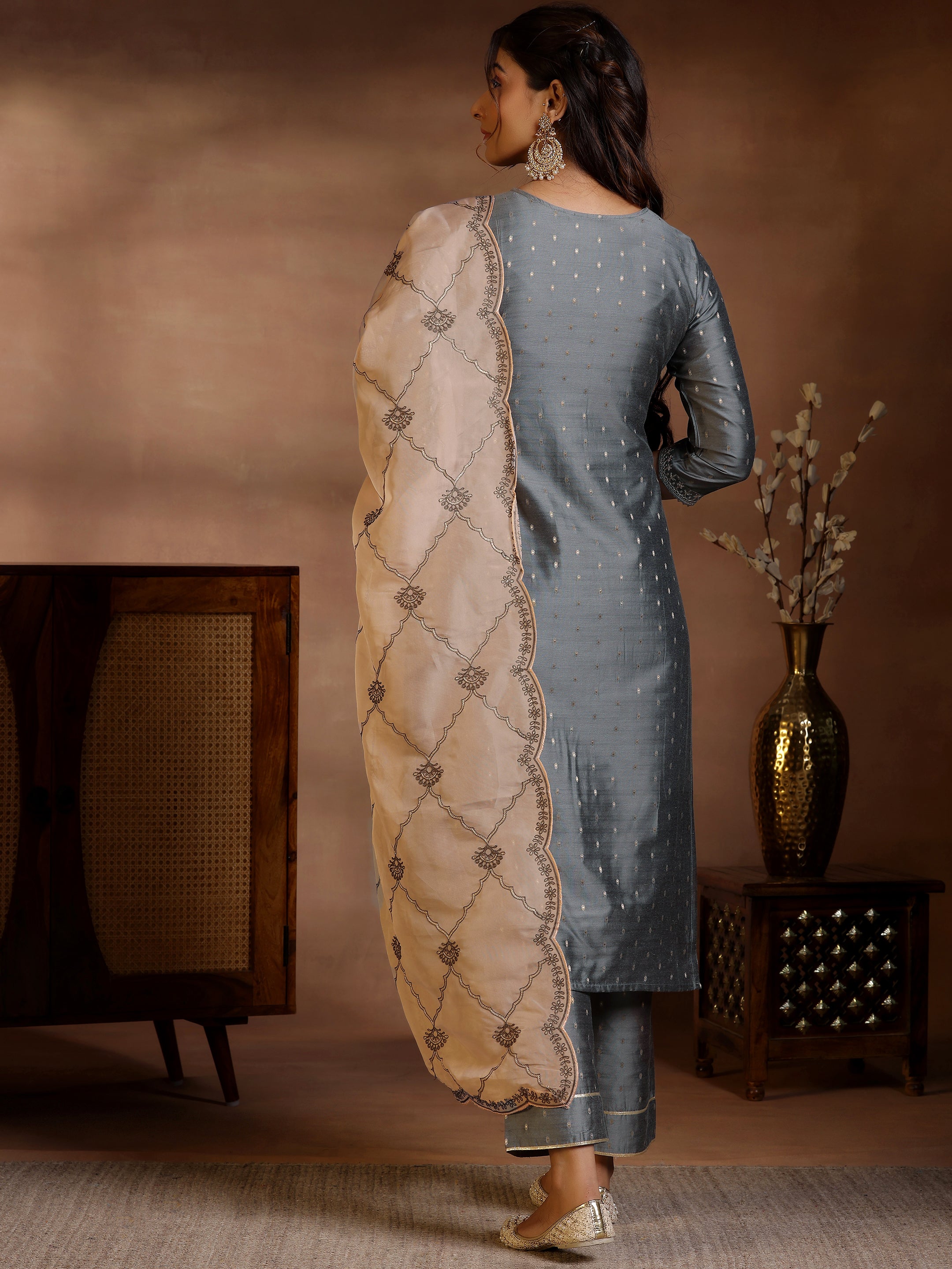 Grey Yoke Design Silk Blend Straight Suits With Dupatta