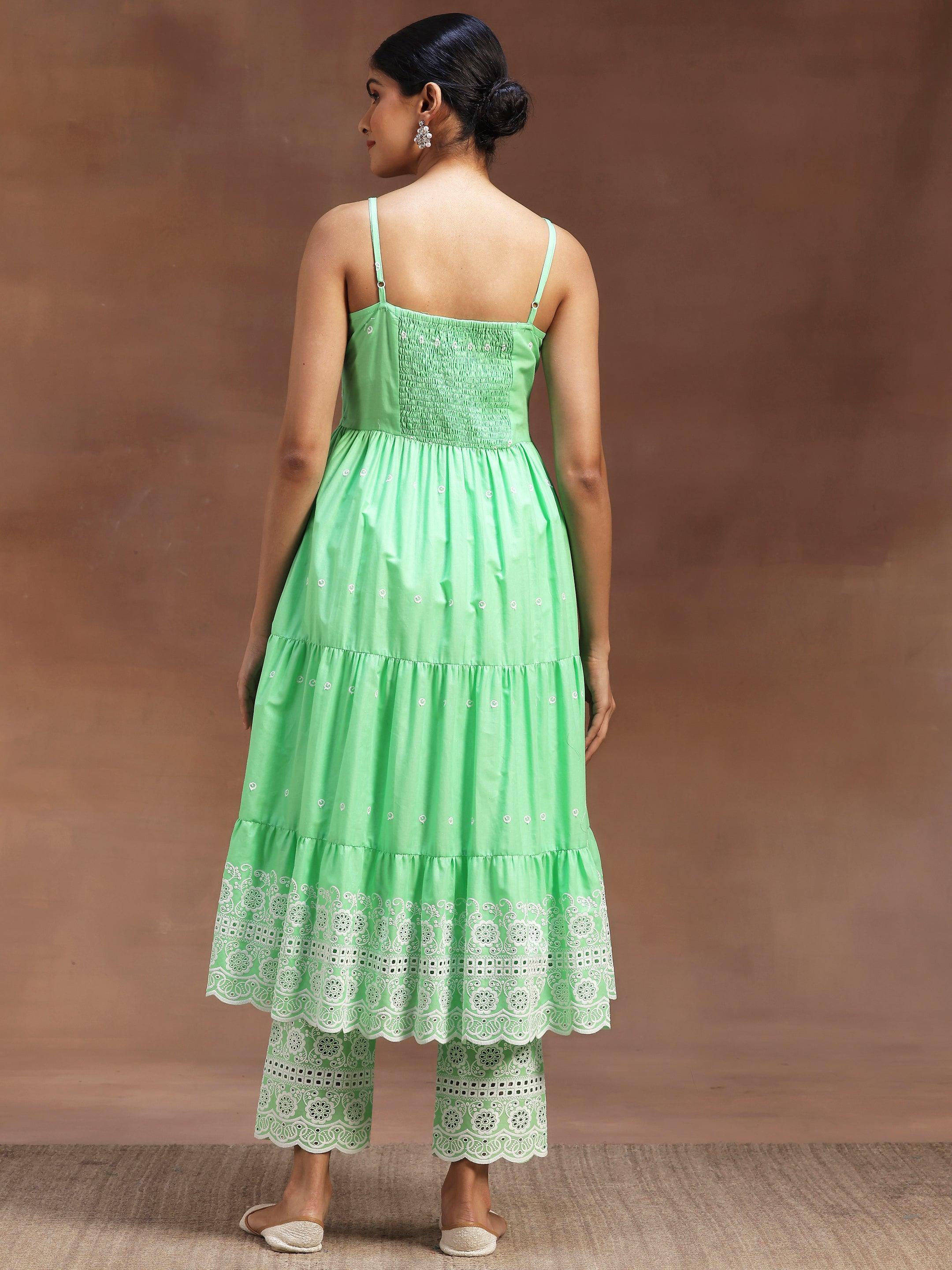 The Kiara Cut Green Self Design Cotton Anarkali Kurta With Trousers