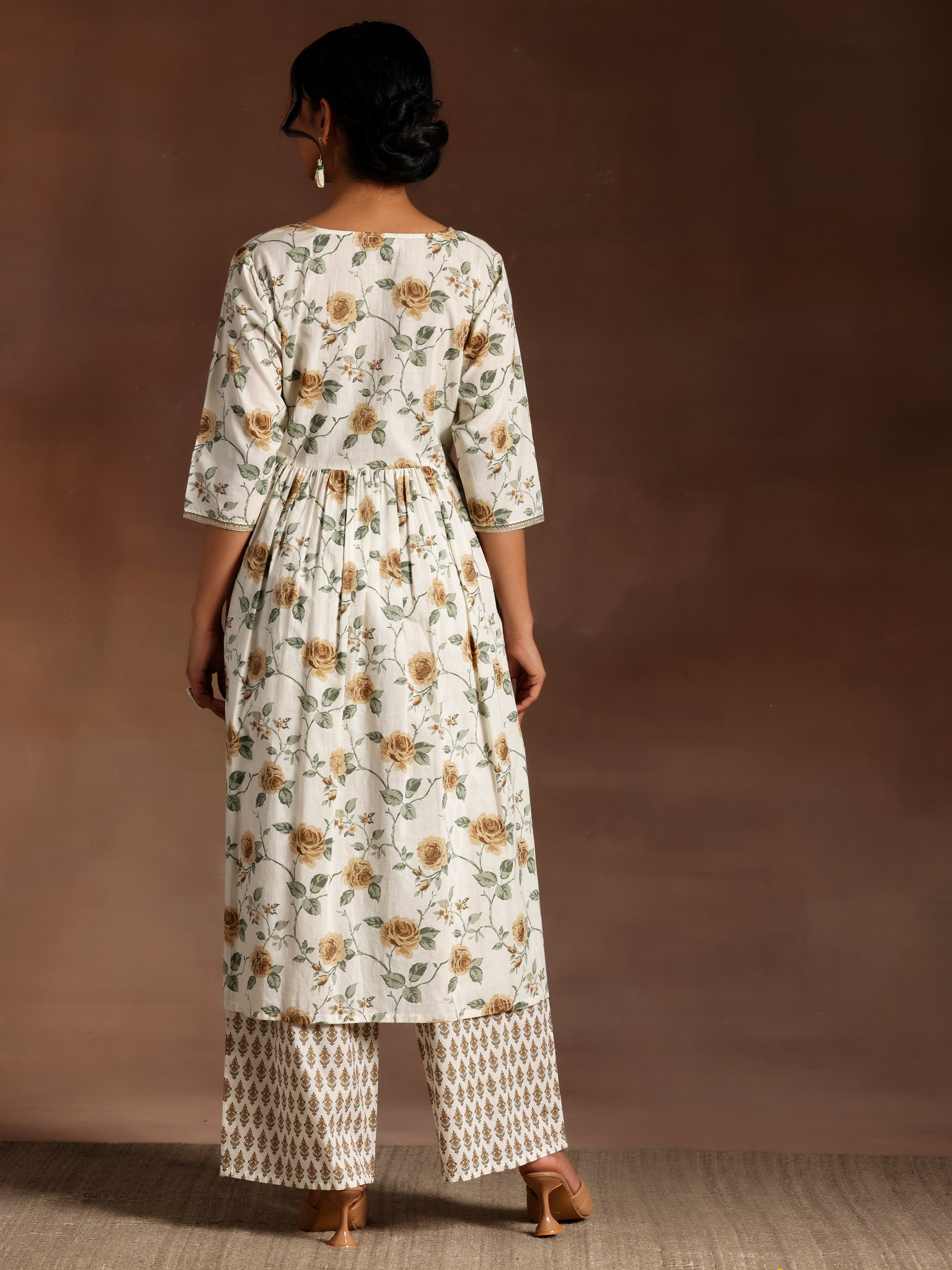 Off White Printed Cotton A-Line Kurta With Palazzos