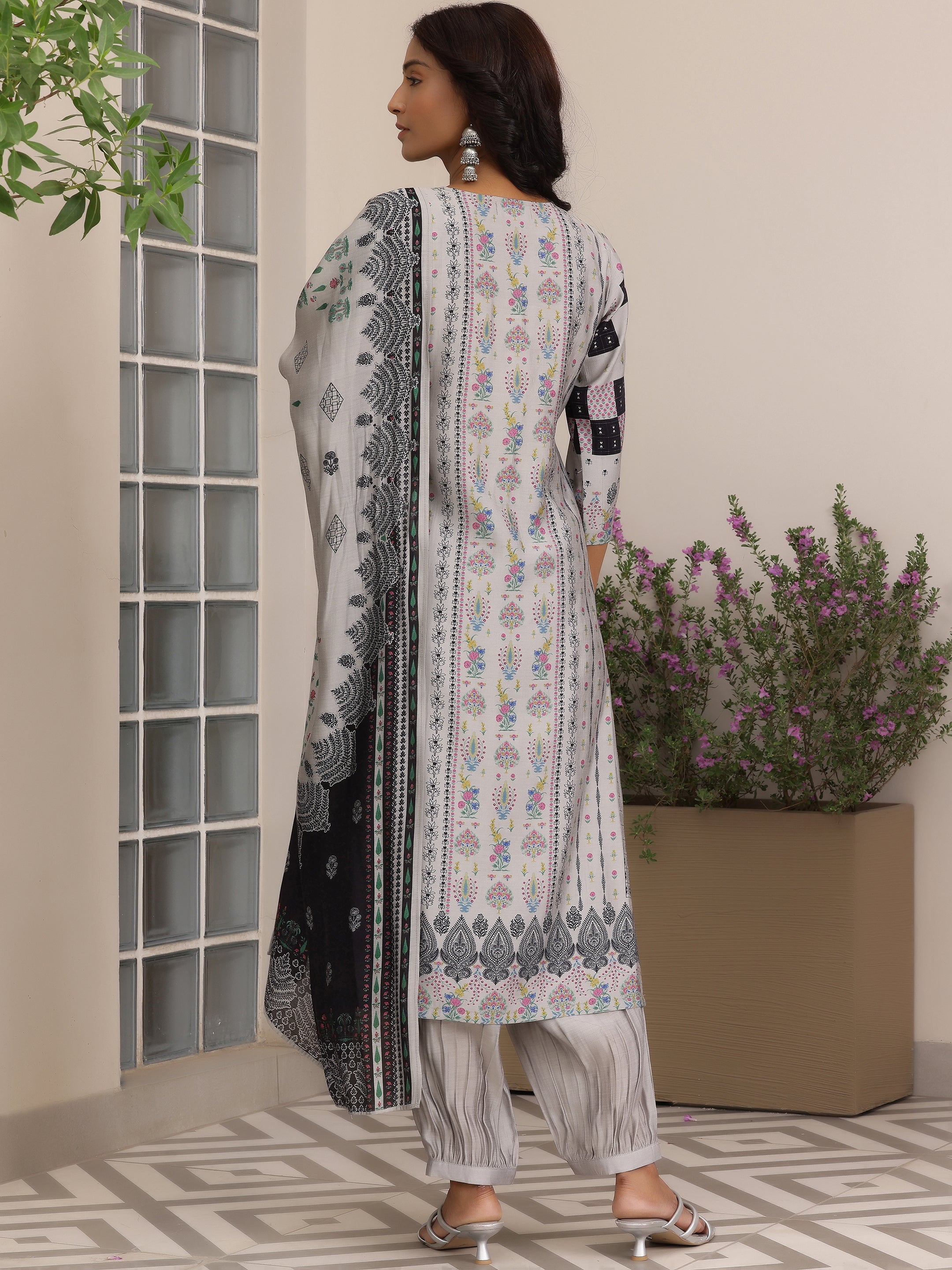 Grey Printed Silk Blend Straight Suit With Dupatta