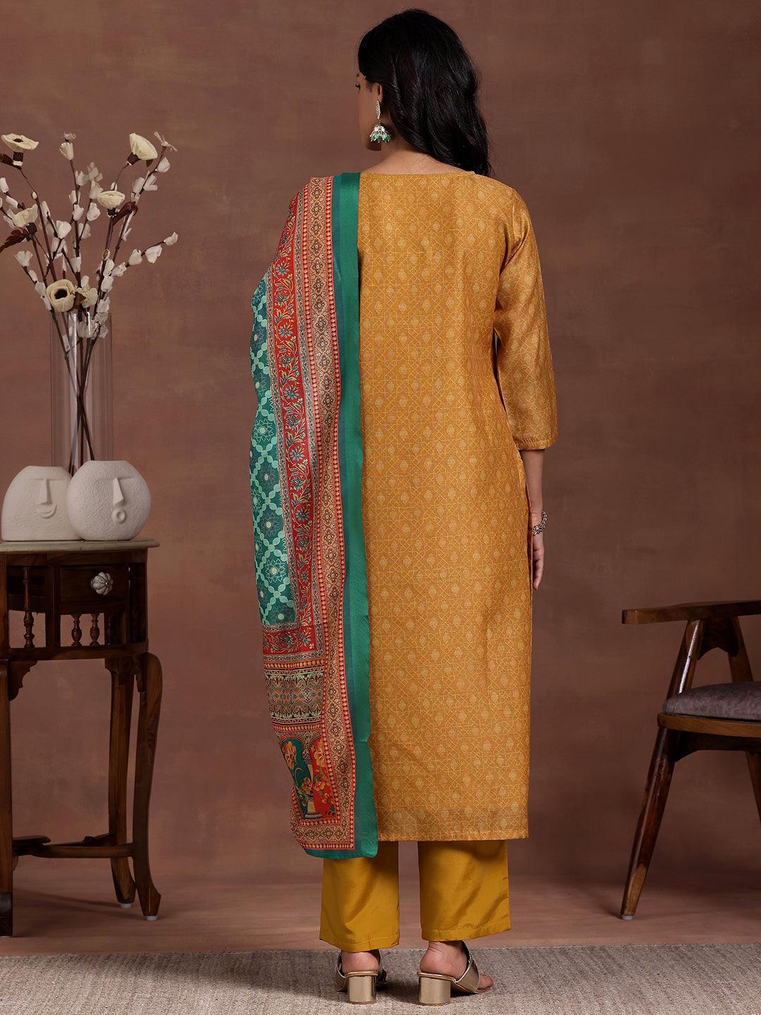 Mustard Printed Silk Blend Straight Suit With Dupatta