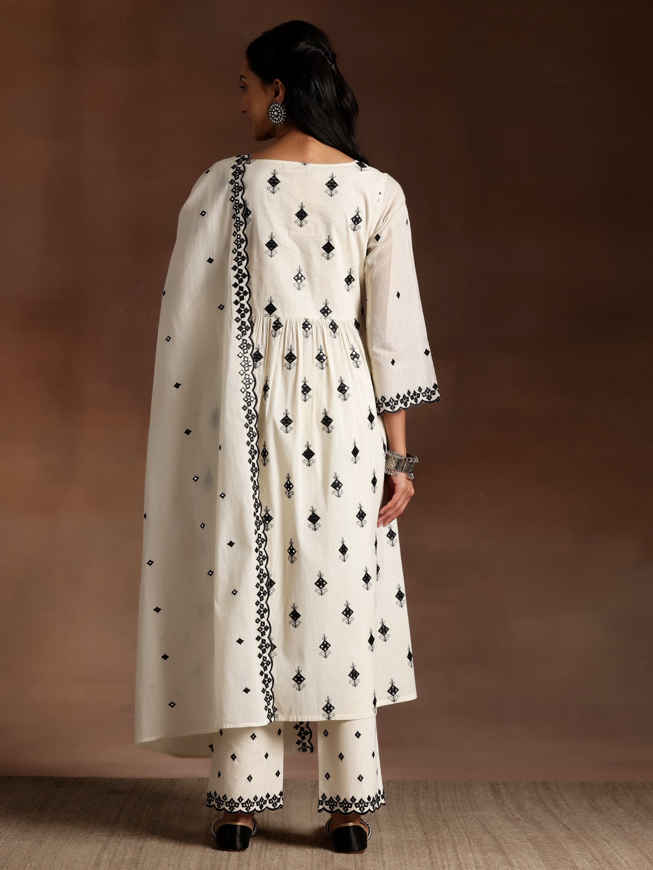 Off White Embroidered Cotton Anarkali Suit With Dupatta