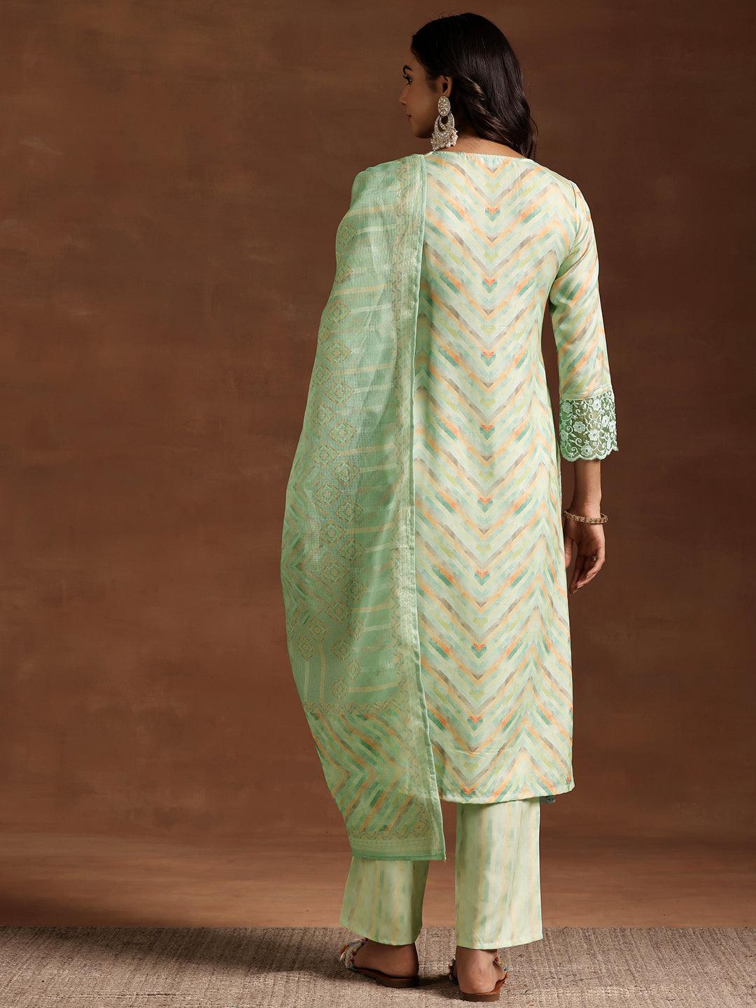 Green Embroidered Cotton Blend Straight Suit With Dupatta