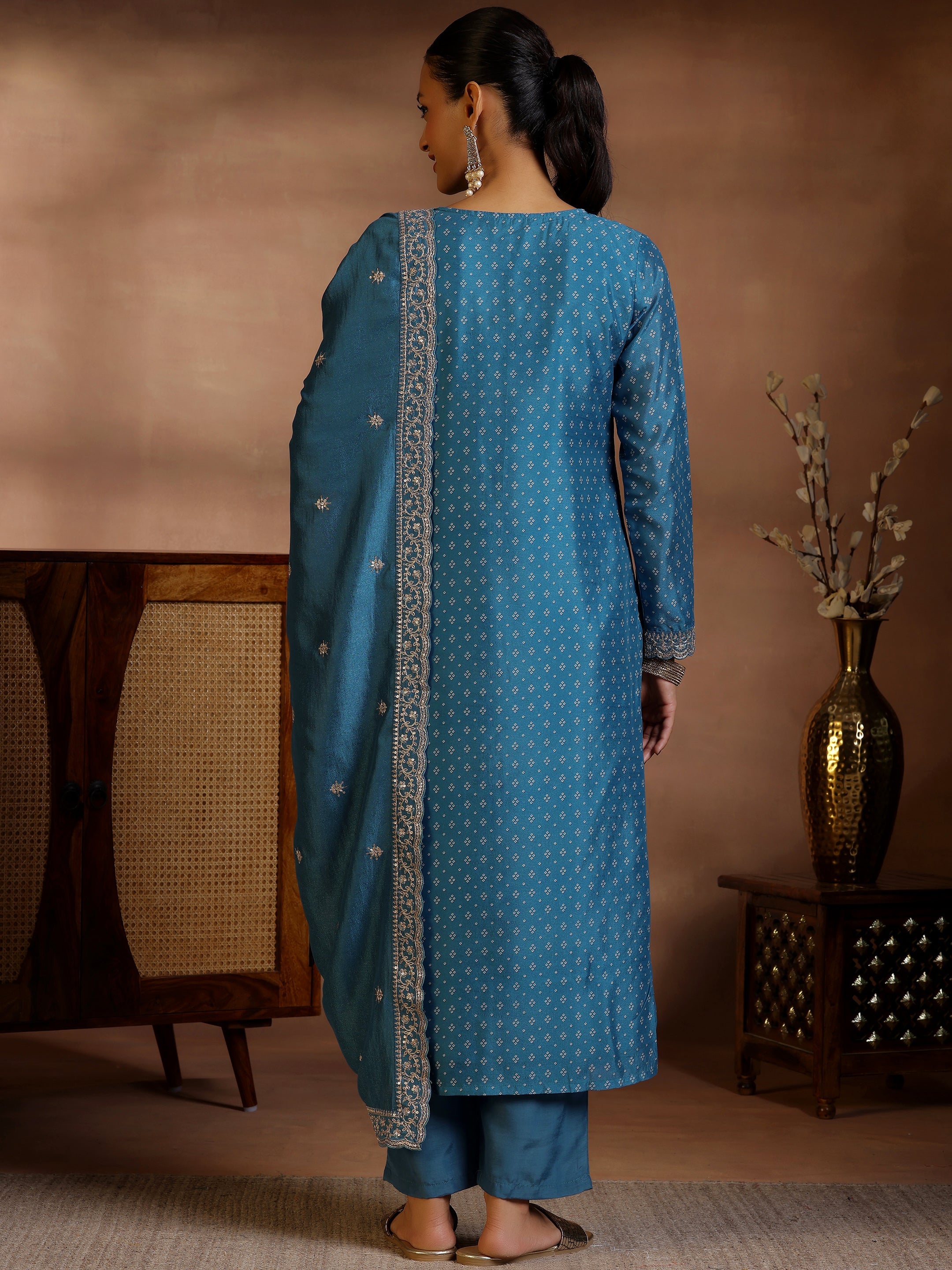 Blue Printed Silk Blend Straight Suit With Dupatta