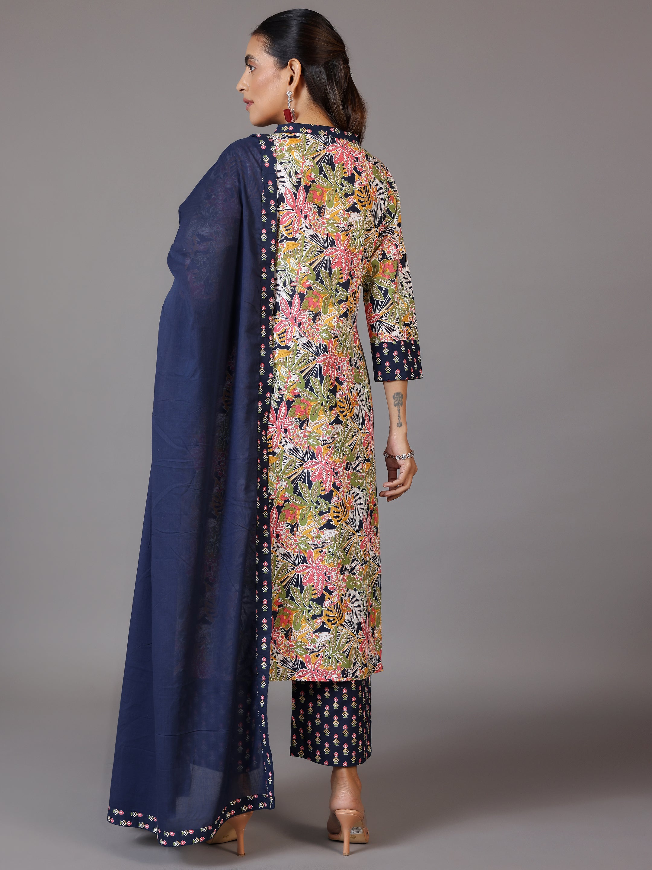 Blue Printed Cotton Straight Suit With Dupatta