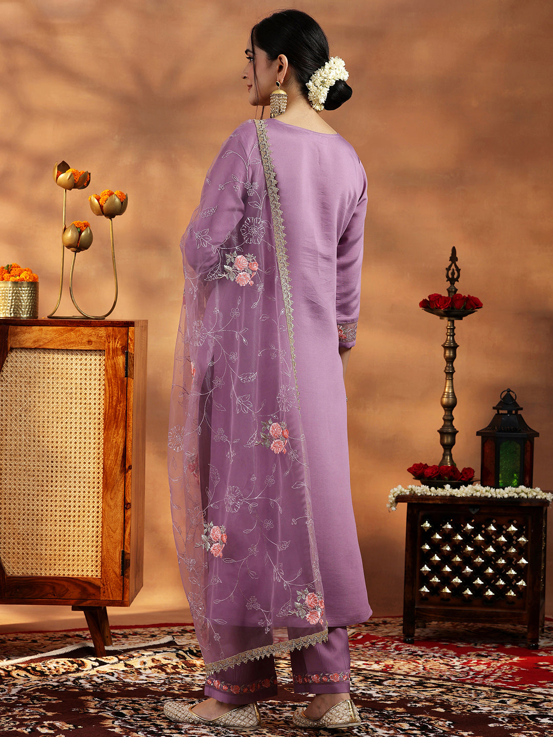 Lavender Yoke Design Silk Blend Straight Suit With Dupatta