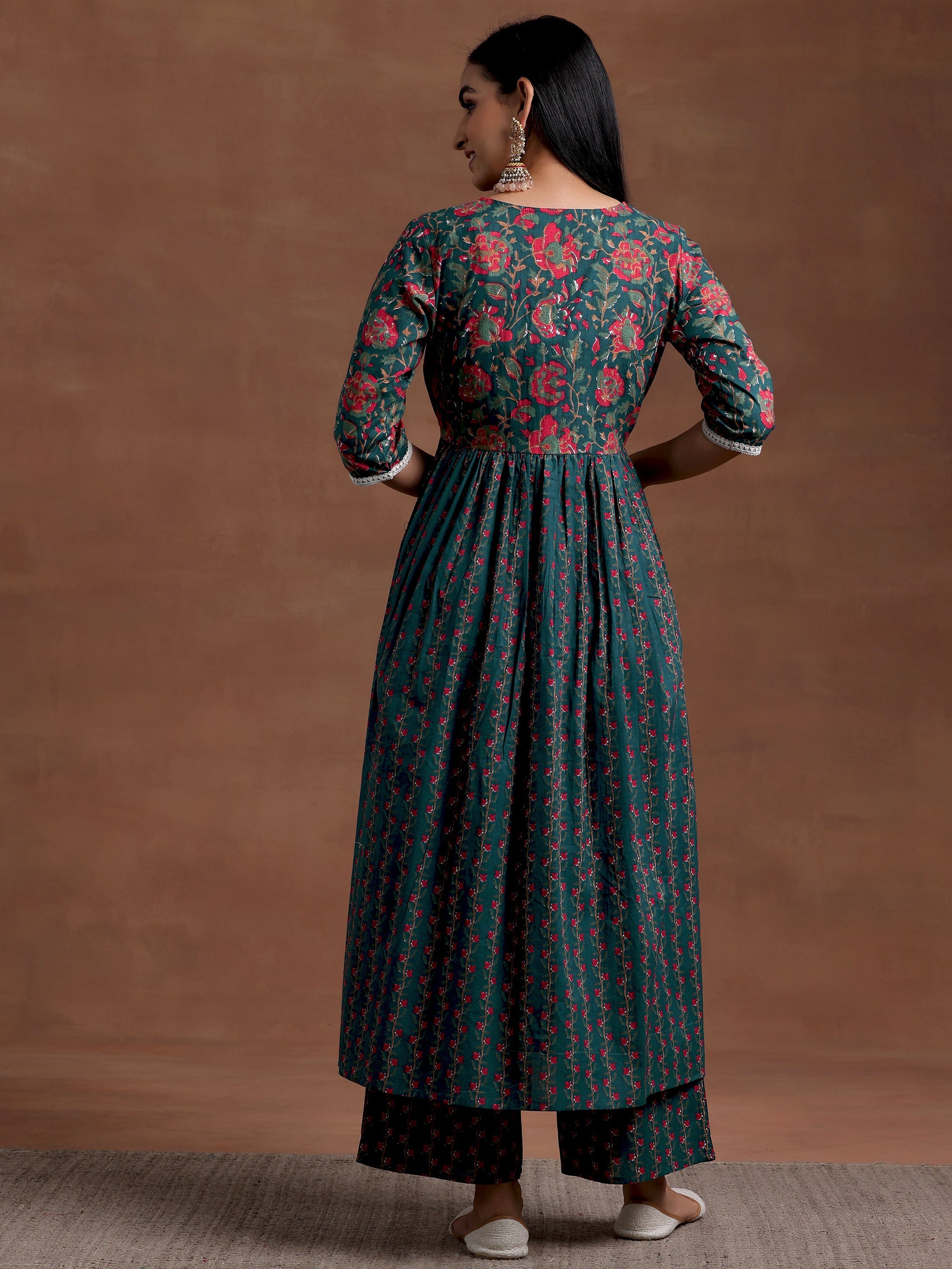 Blue Printed Cotton A-Line Kurta With Palazzos