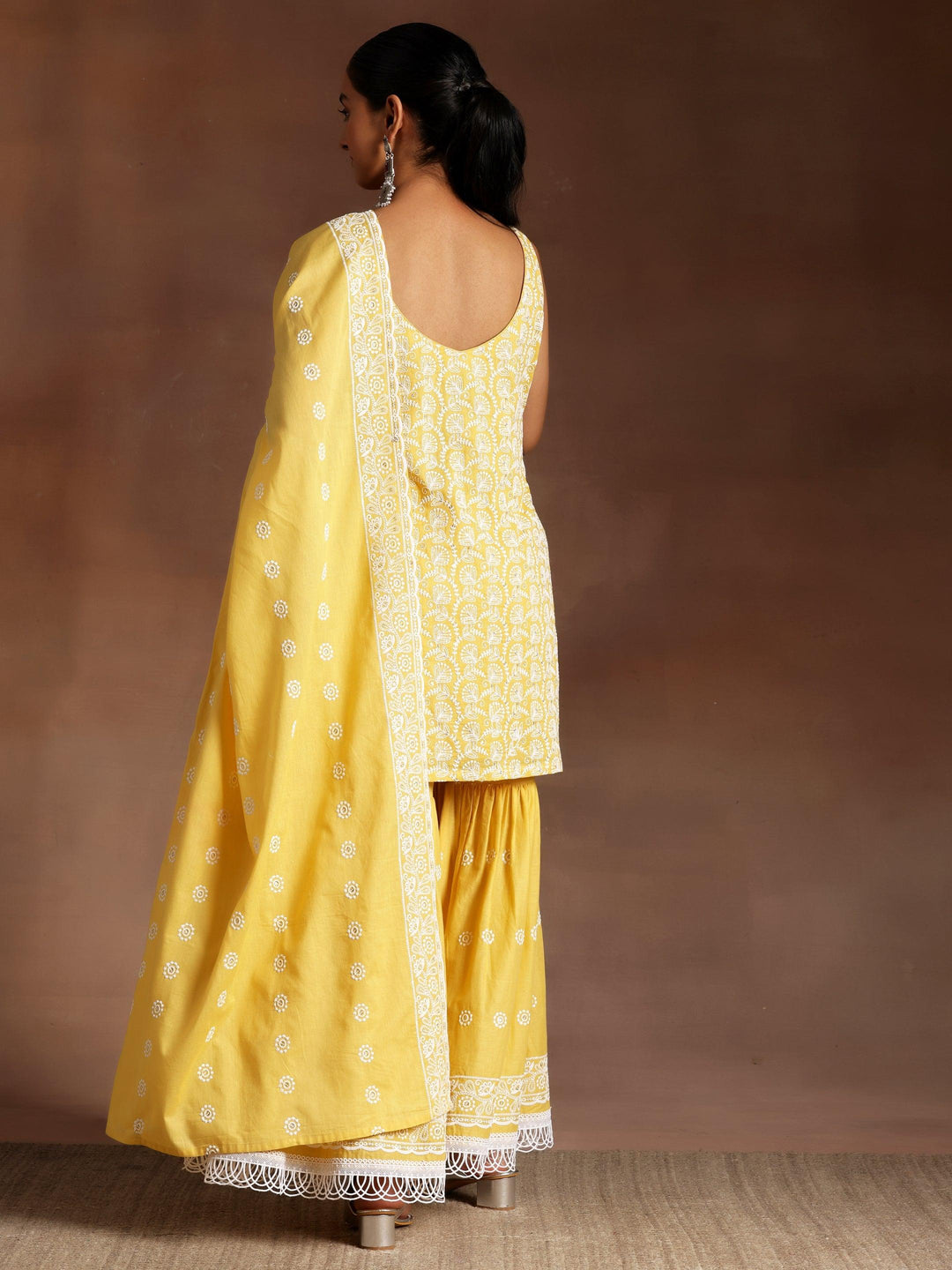 Surajmukhi Mustard Embroidered Cotton Straight Kurta With Sharara & Dupatta - ShopLibas