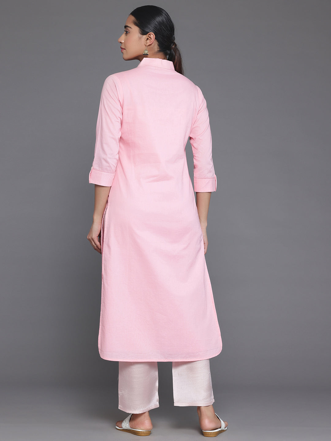 Pink Embroidered Cotton Straight Kurta