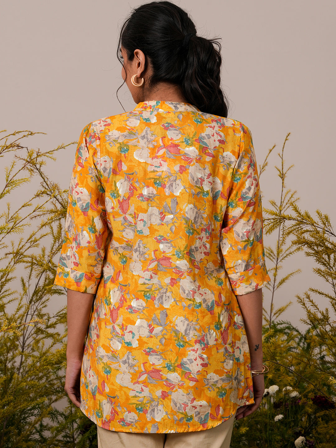 Yellow Printed Silk Blend A-Line Kurti