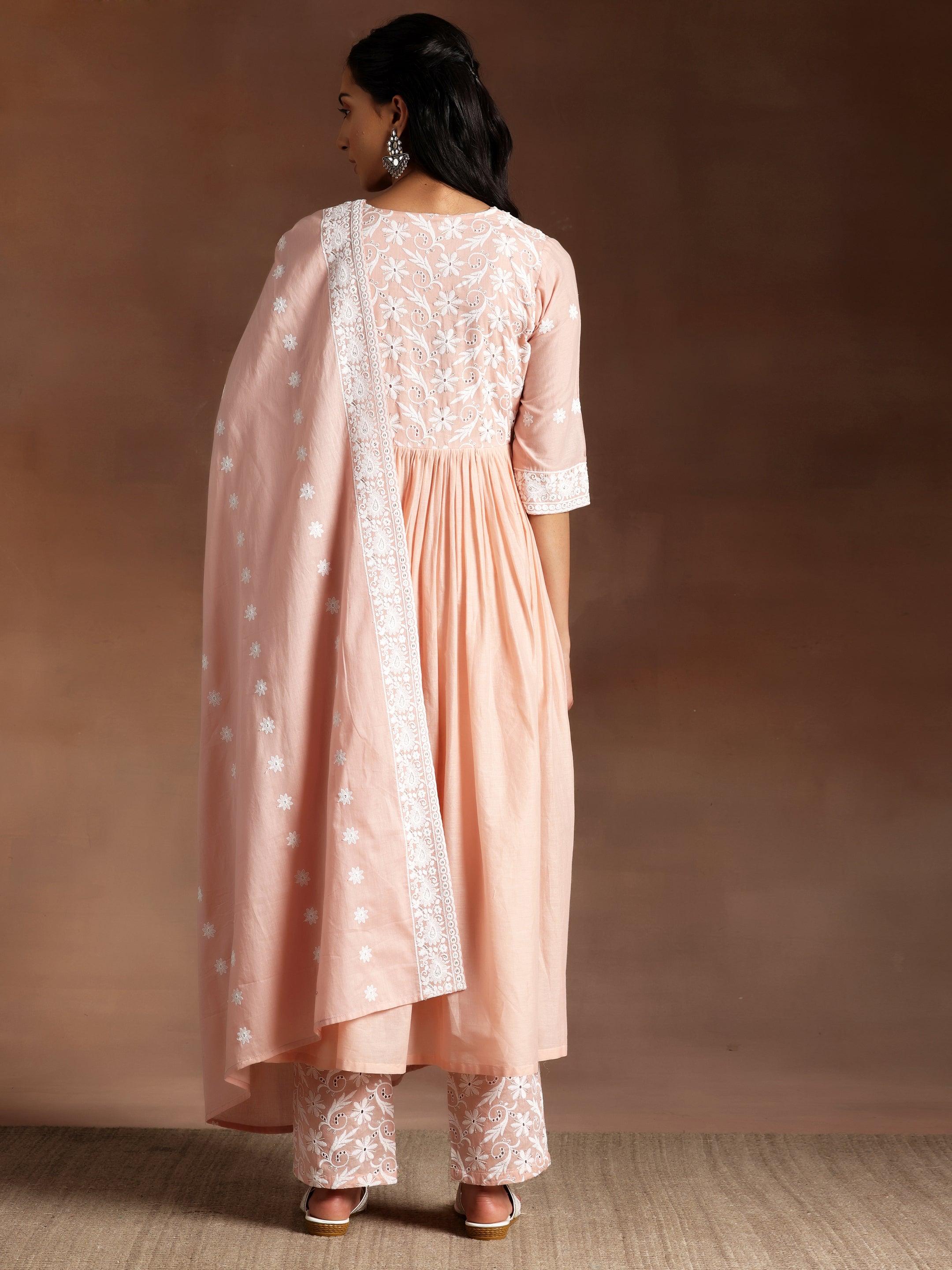 Peach Embroidered Cotton A-Line Kurta With Palazzos & Dupatta