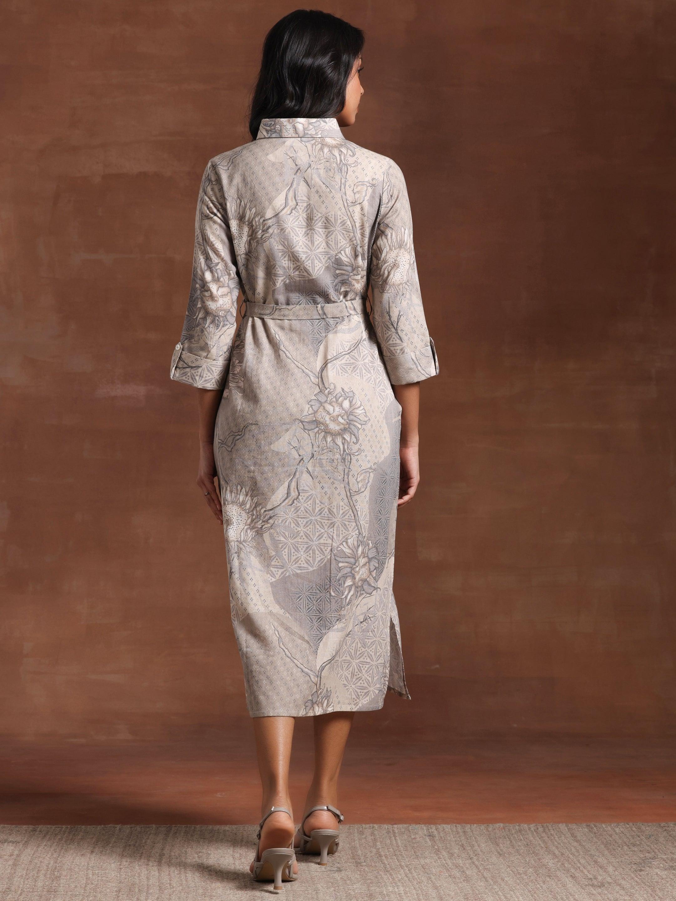 Off White Printed Linen Shirt Dress