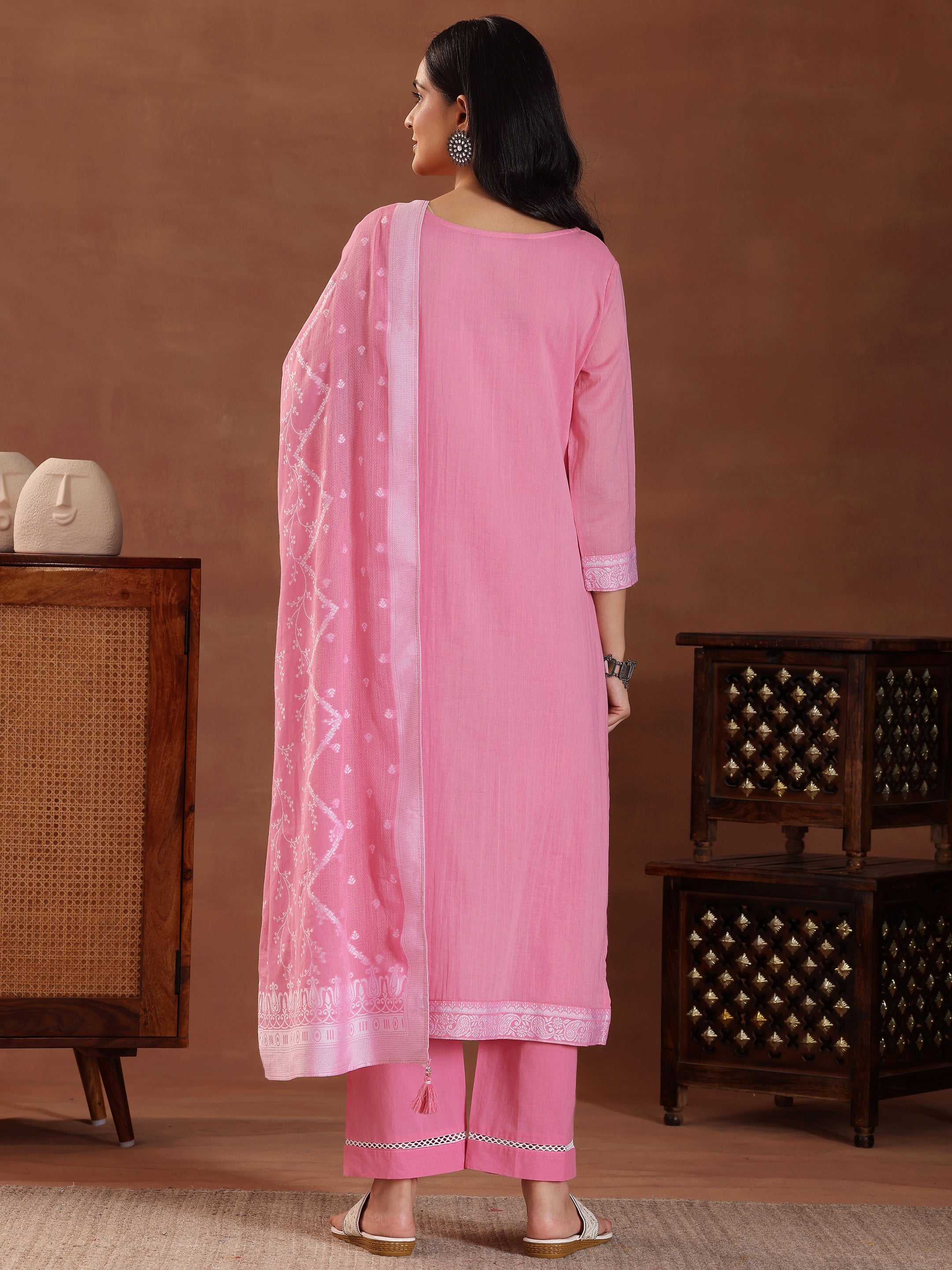 Pink Woven Design Cotton Straight Suit With Dupatta