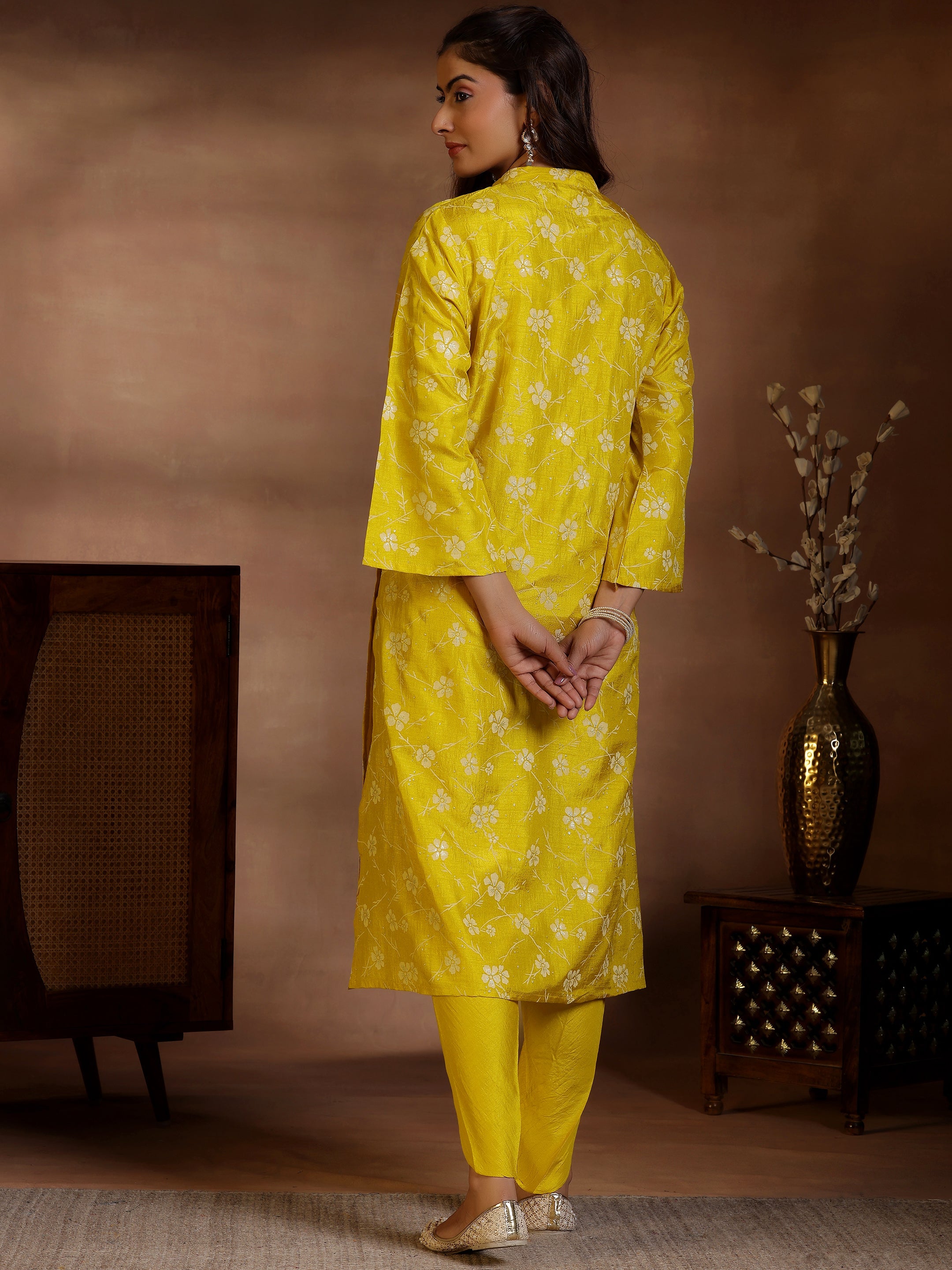 Mustard Printed Silk Blend Straight Kurta Set