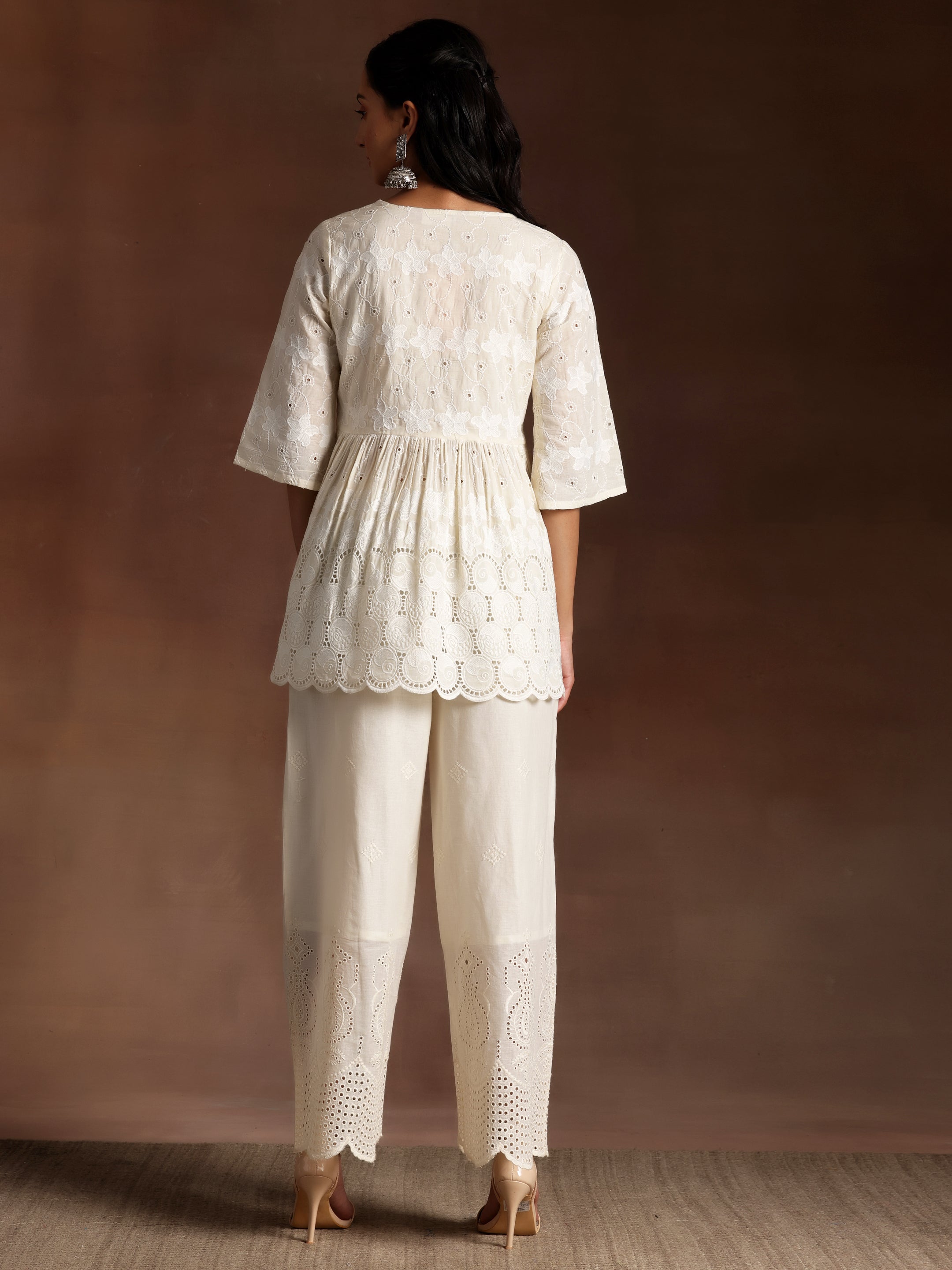 Rajnigandha Off White Embroidered Cotton A-Line Kurti