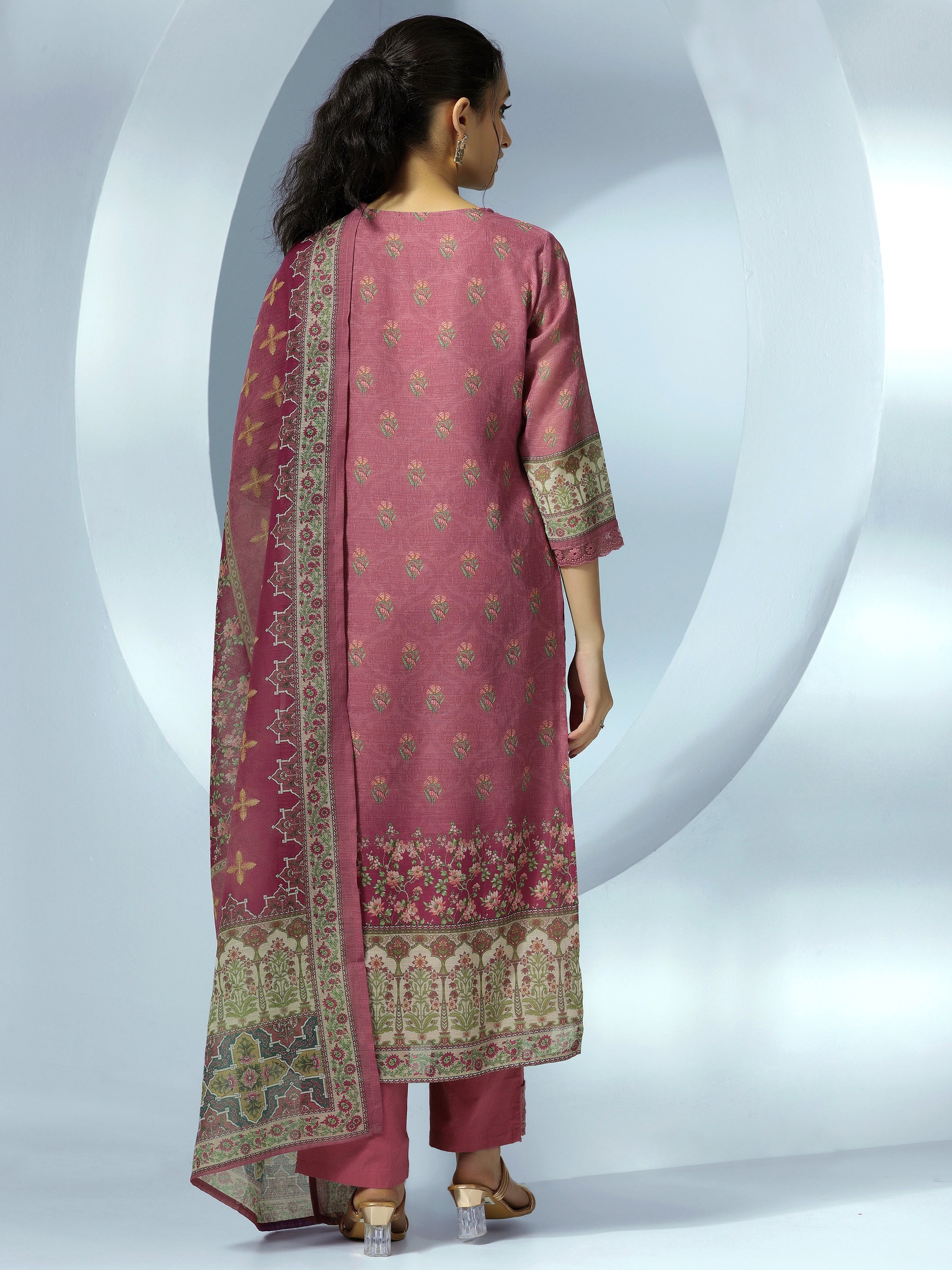 Mauve Printed Linen Straight Suit With Dupatta