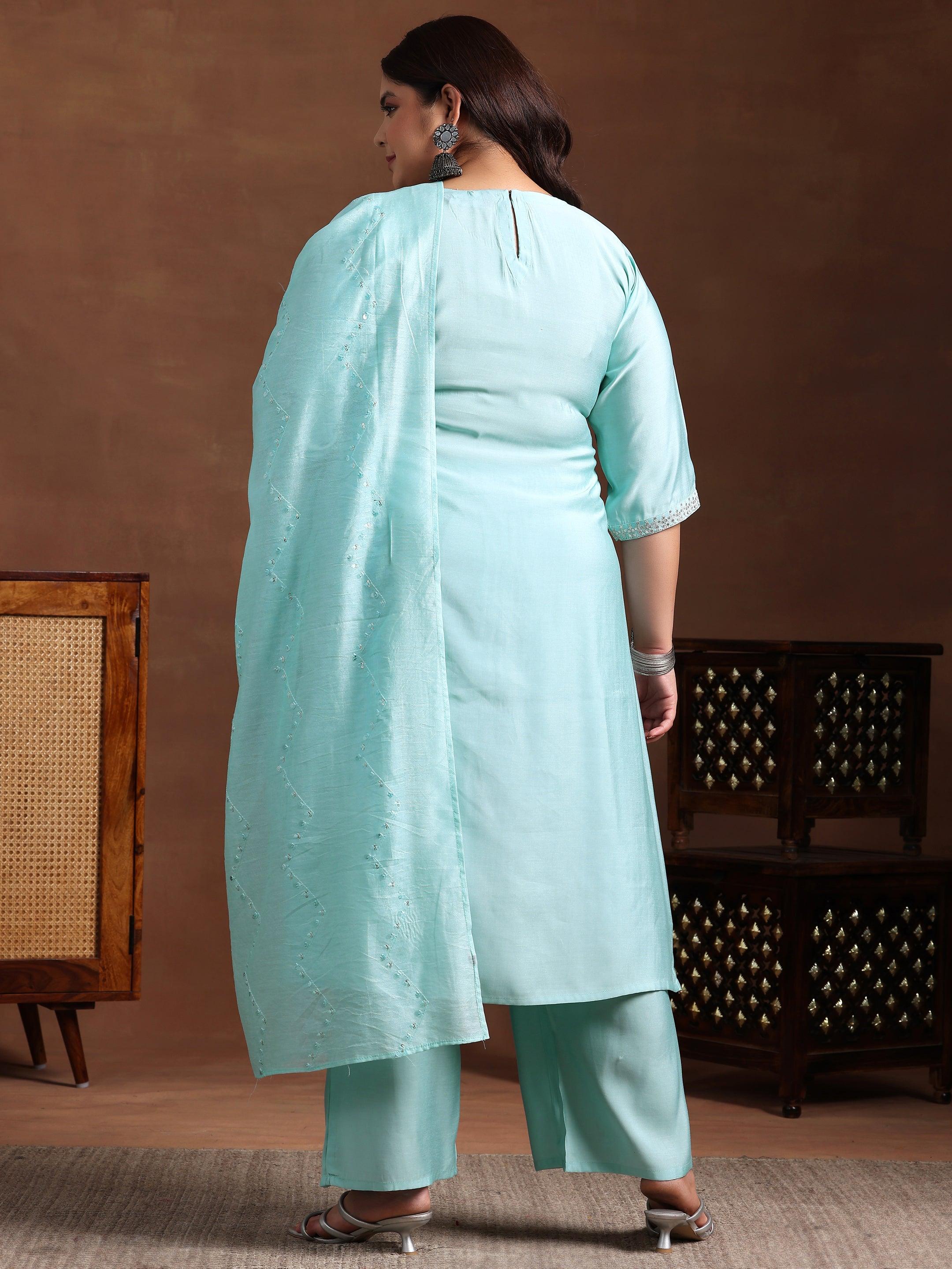 Plus Size Blue Yoke Design Silk Blend Straight Suit With Dupatta