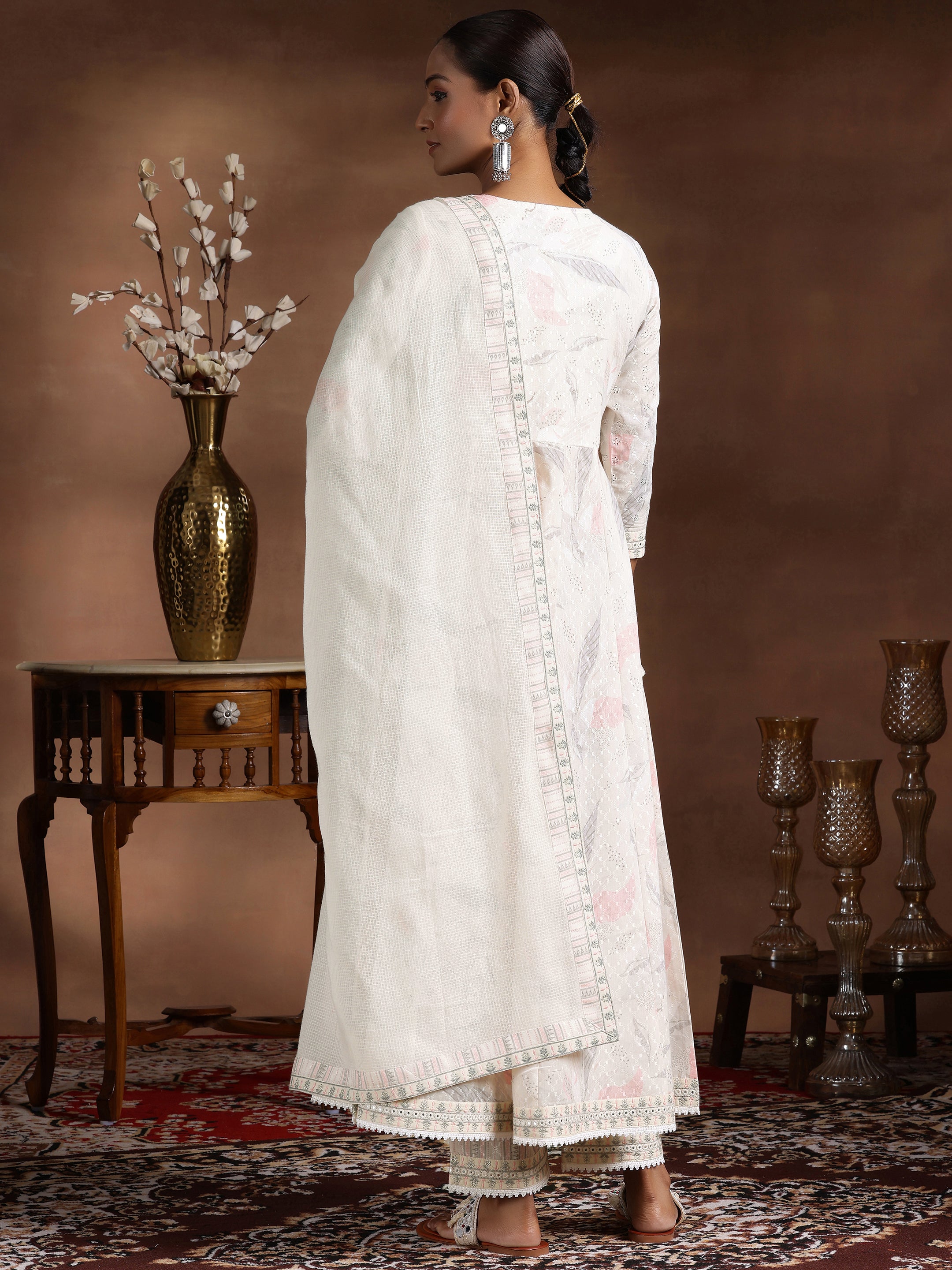 Off White Embroidered Cotton A-line Kurta  With Trousers & Dupatta