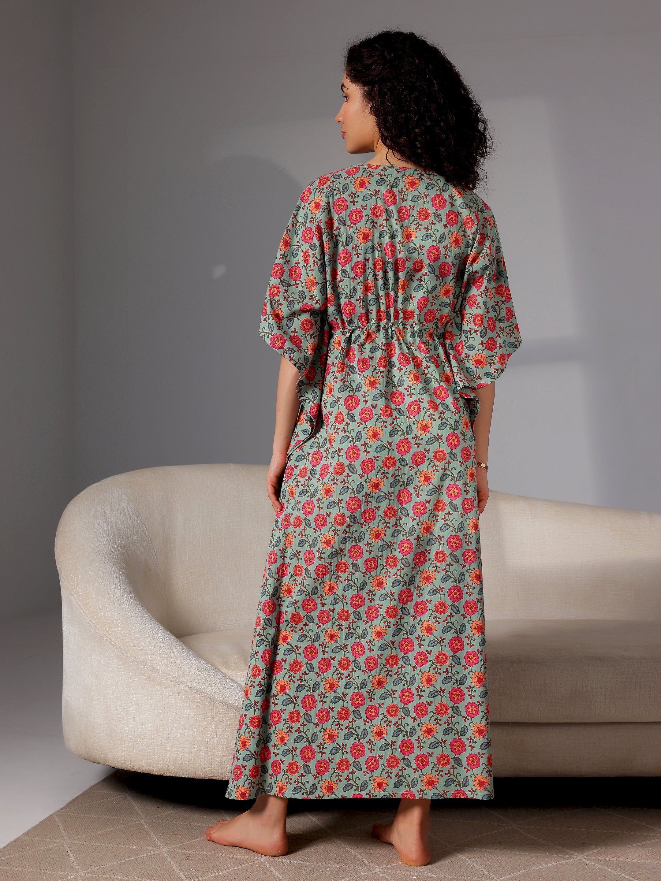 Green Printed Cotton Kaftan Night Dress