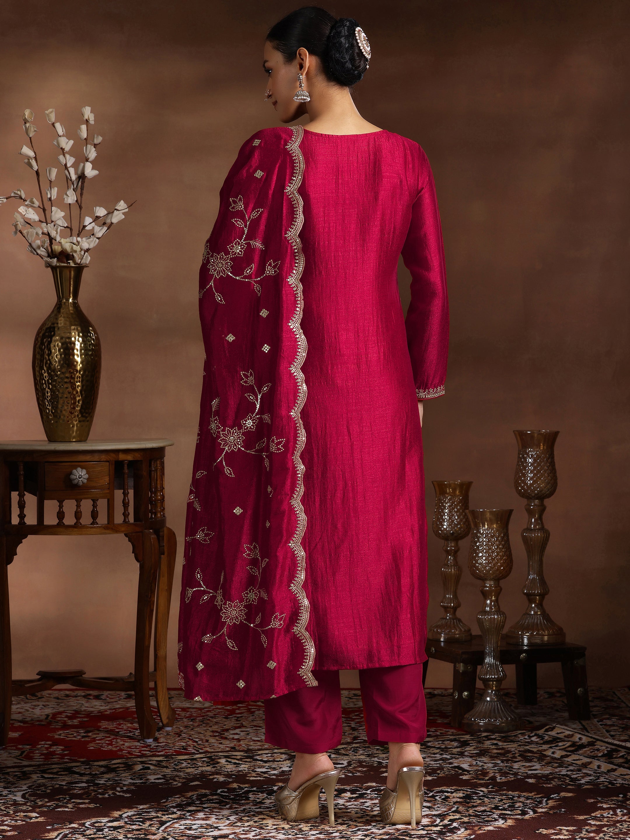 Red Embroidered Silk Blend Straight Suit With Dupatta