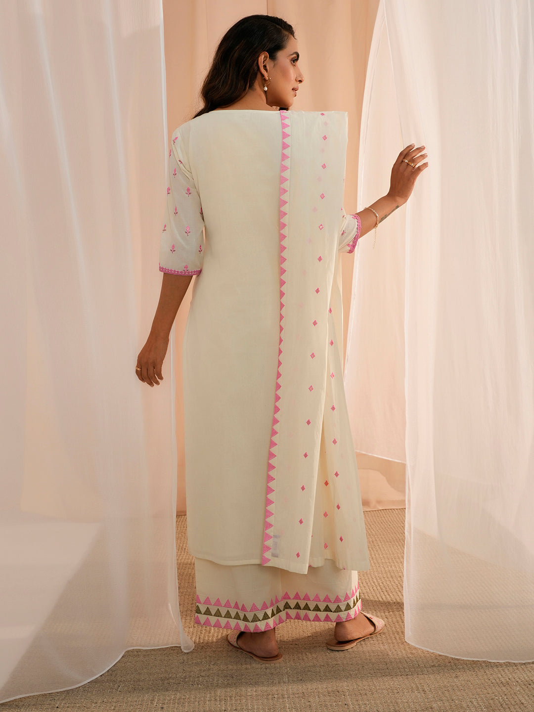 Off White Embroidered Cotton Straight Suit With Dupatta