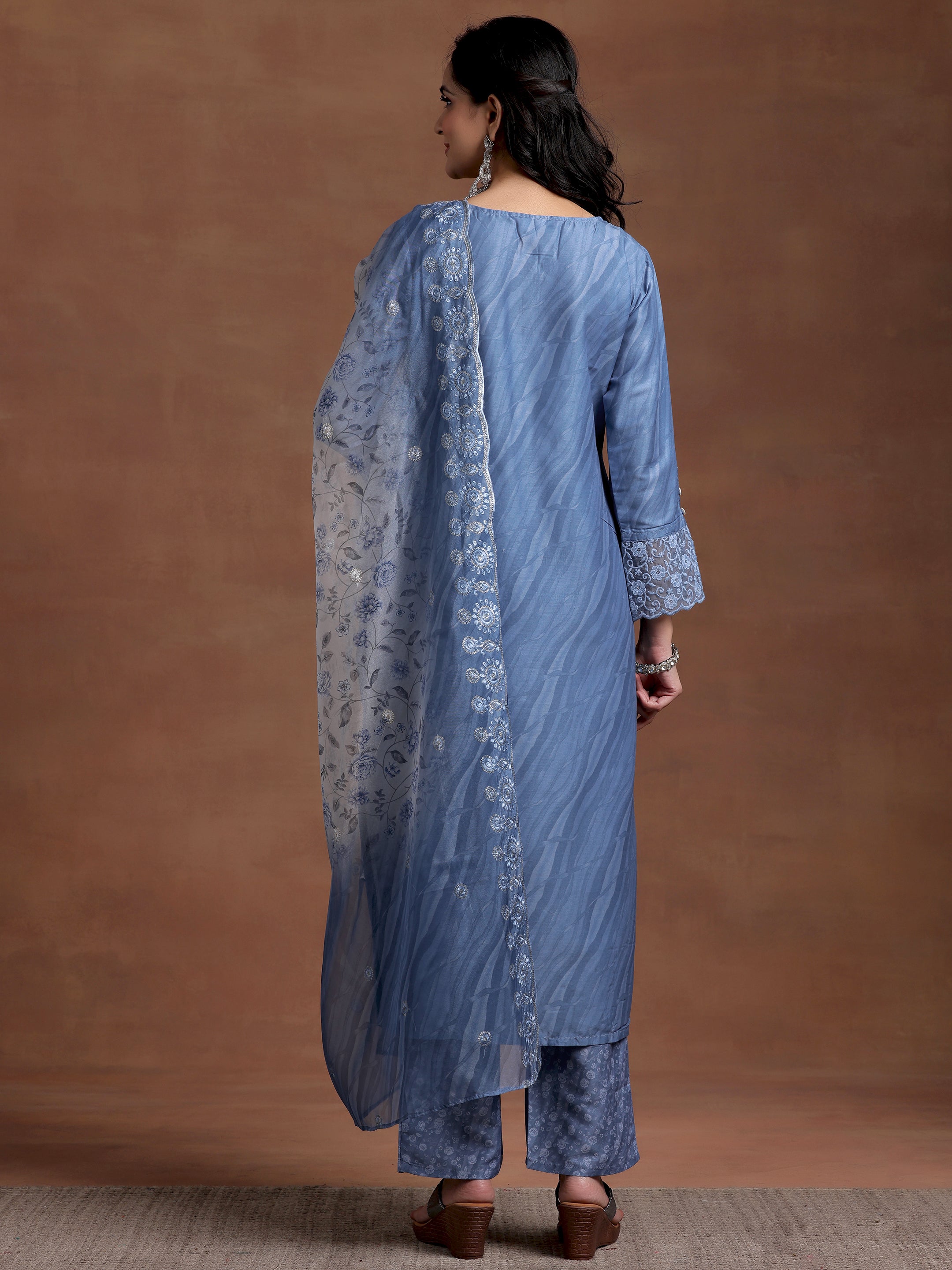 Blue Embroidered Silk Blend Straight Suit With Dupatta