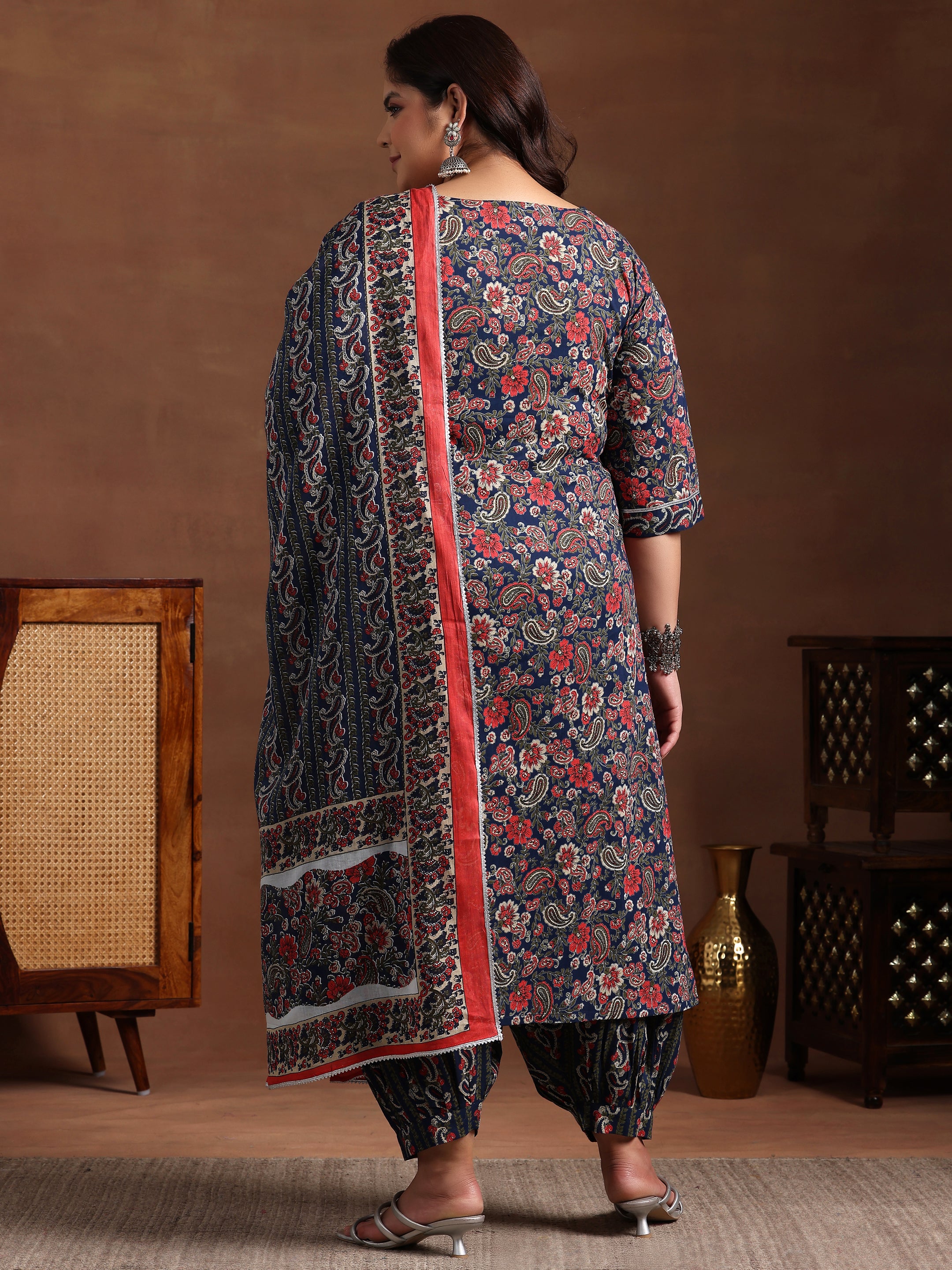 Plus Size Blue Printed Cotton Straight Suit With Dupatta