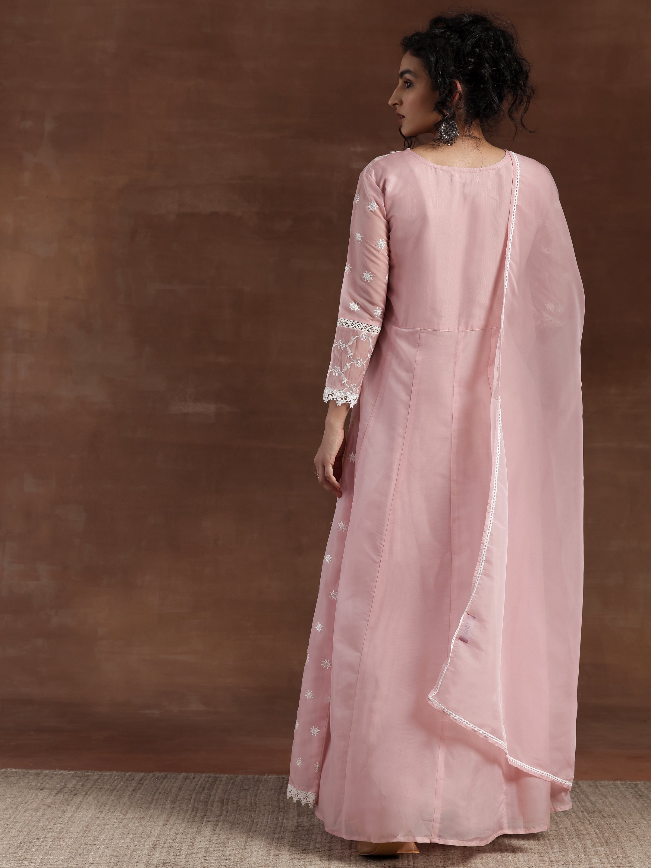 Pink Embroidered Organza A-Line Kurta With Palazzos & Dupatta