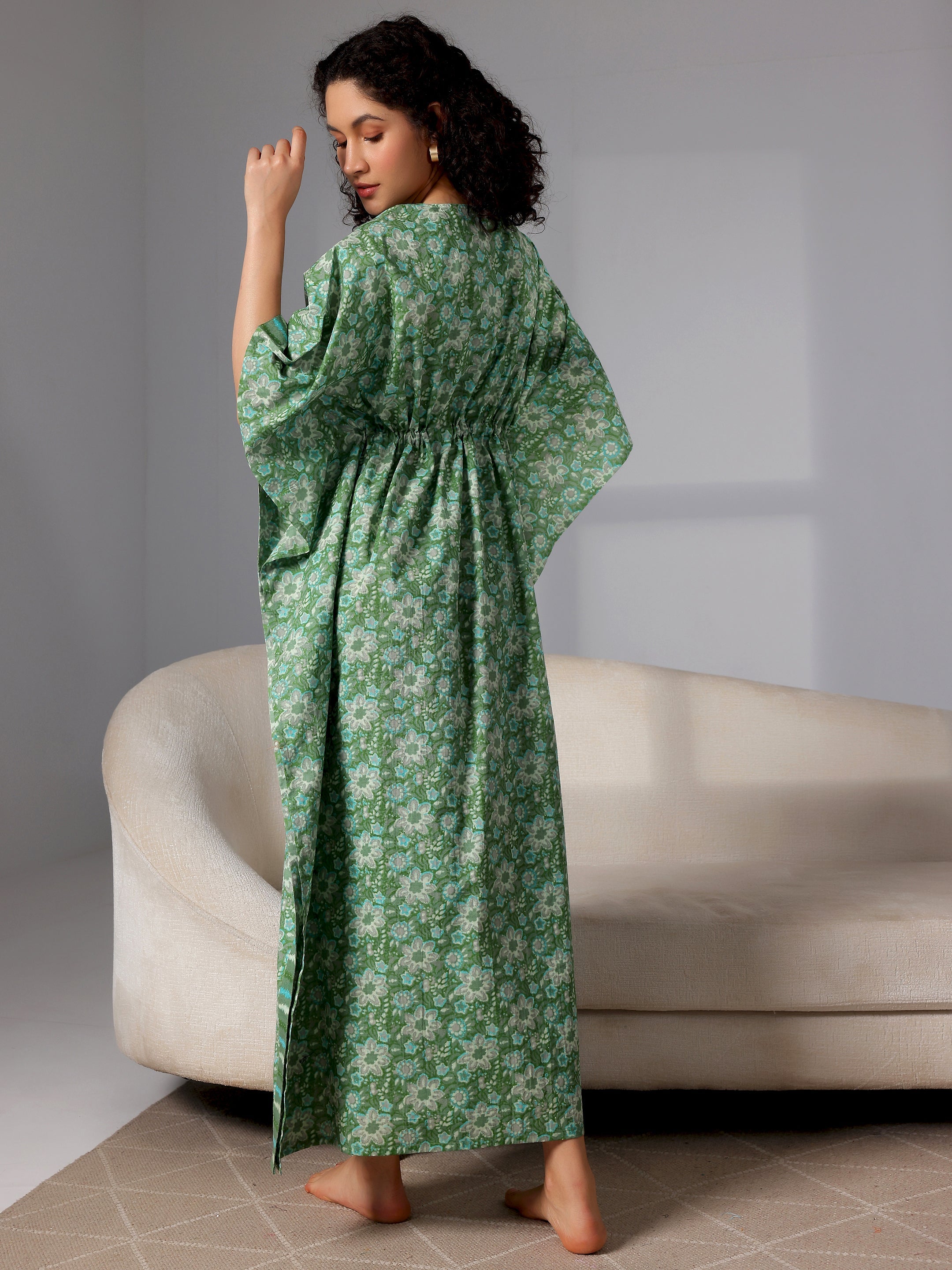 Green Printed Cotton Kaftan Night Dress