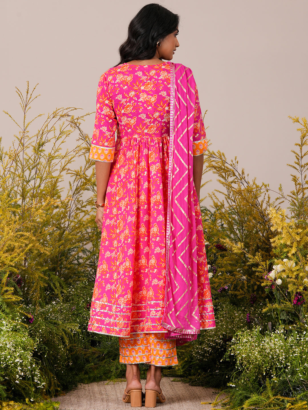 Pink Yoke Design Cotton Anarkali Suit With Dupatta