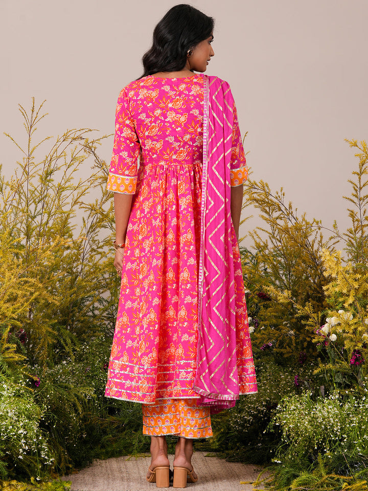 Pink Yoke Design Cotton Anarkali Kurta With Trousers & Dupatta - ShopLibas