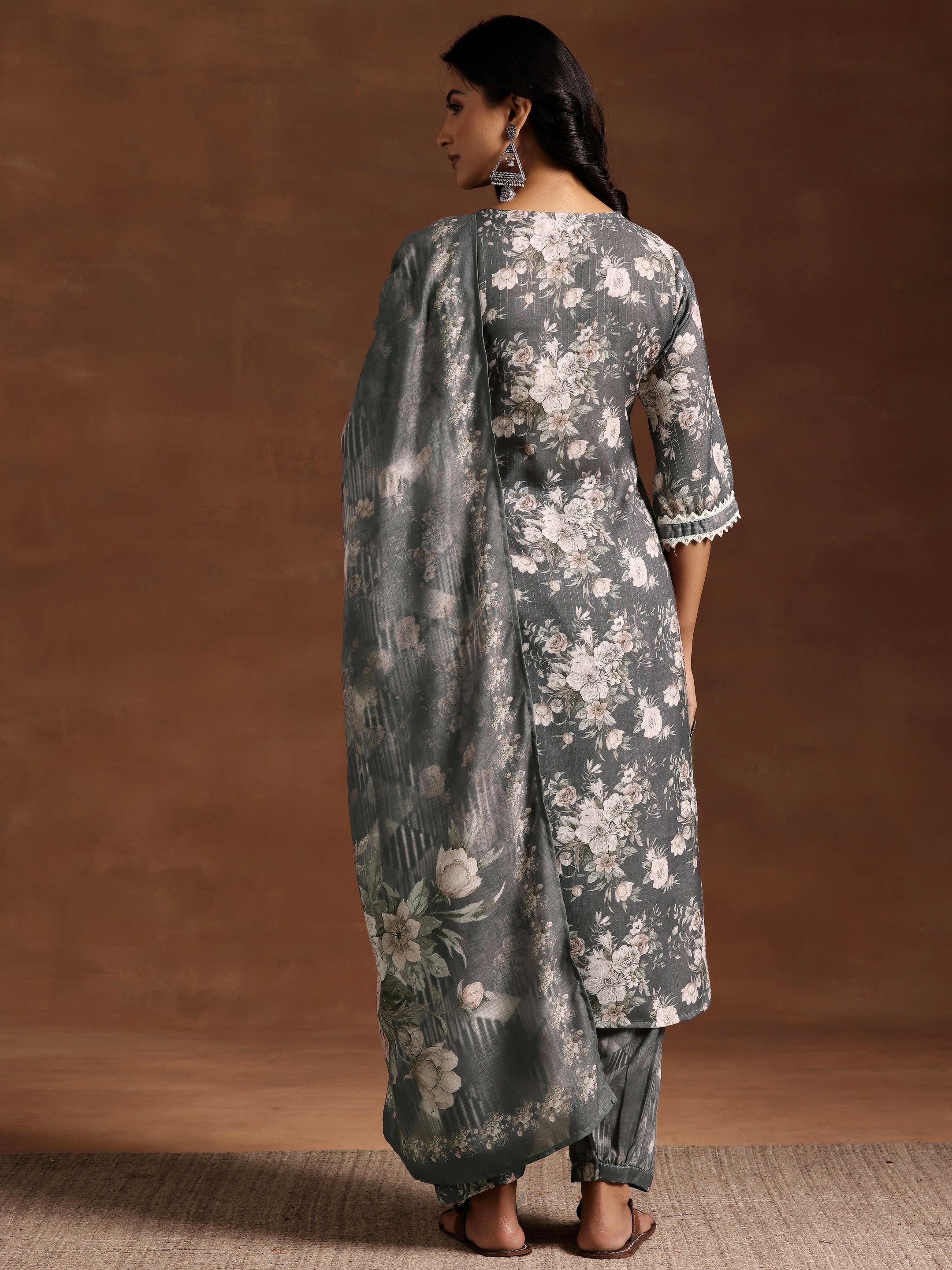 Grey Printed Cotton Straight Suit With Dupatta