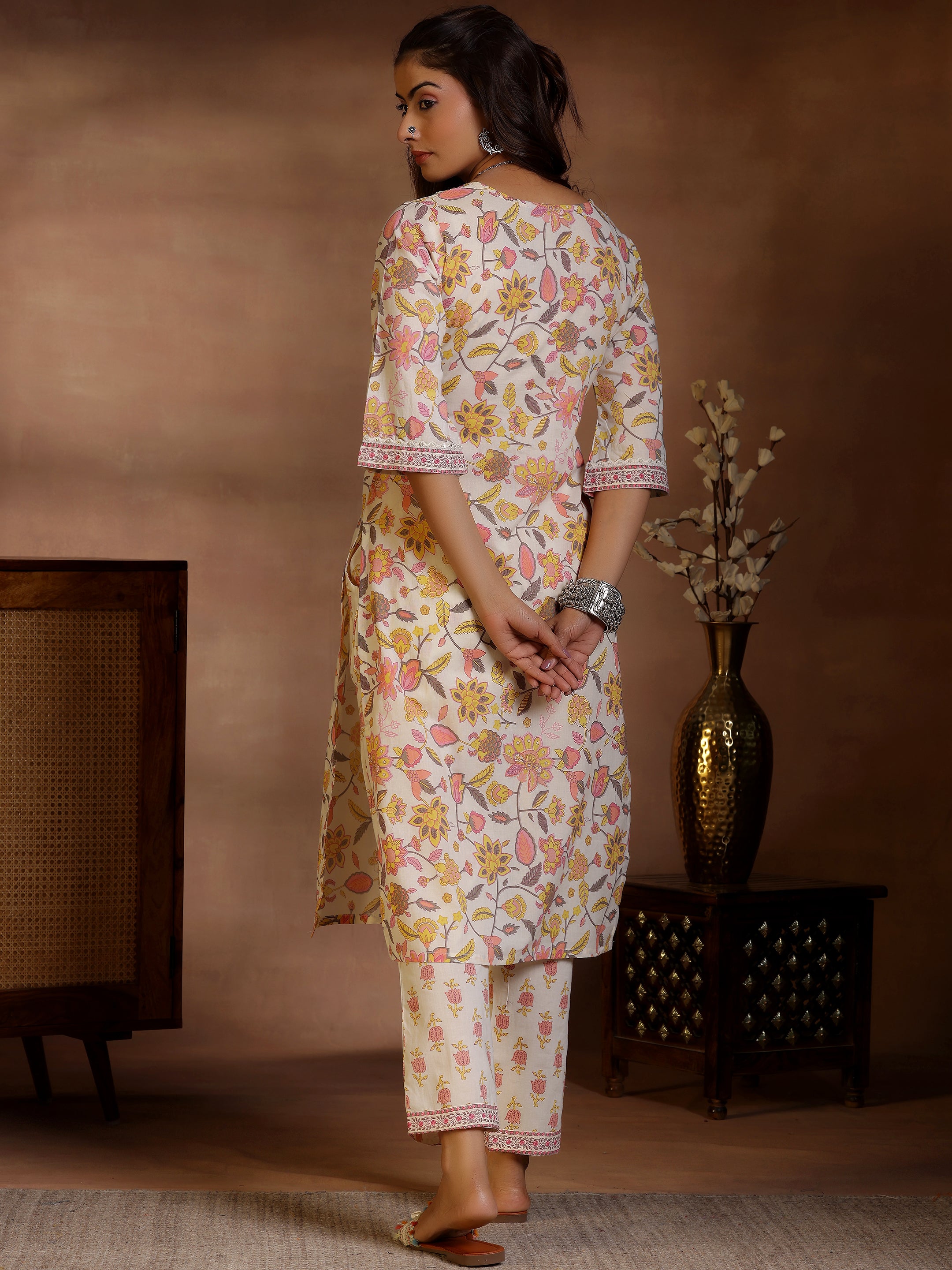 Off white Printed Cotton Straight Kurta With Palazzos