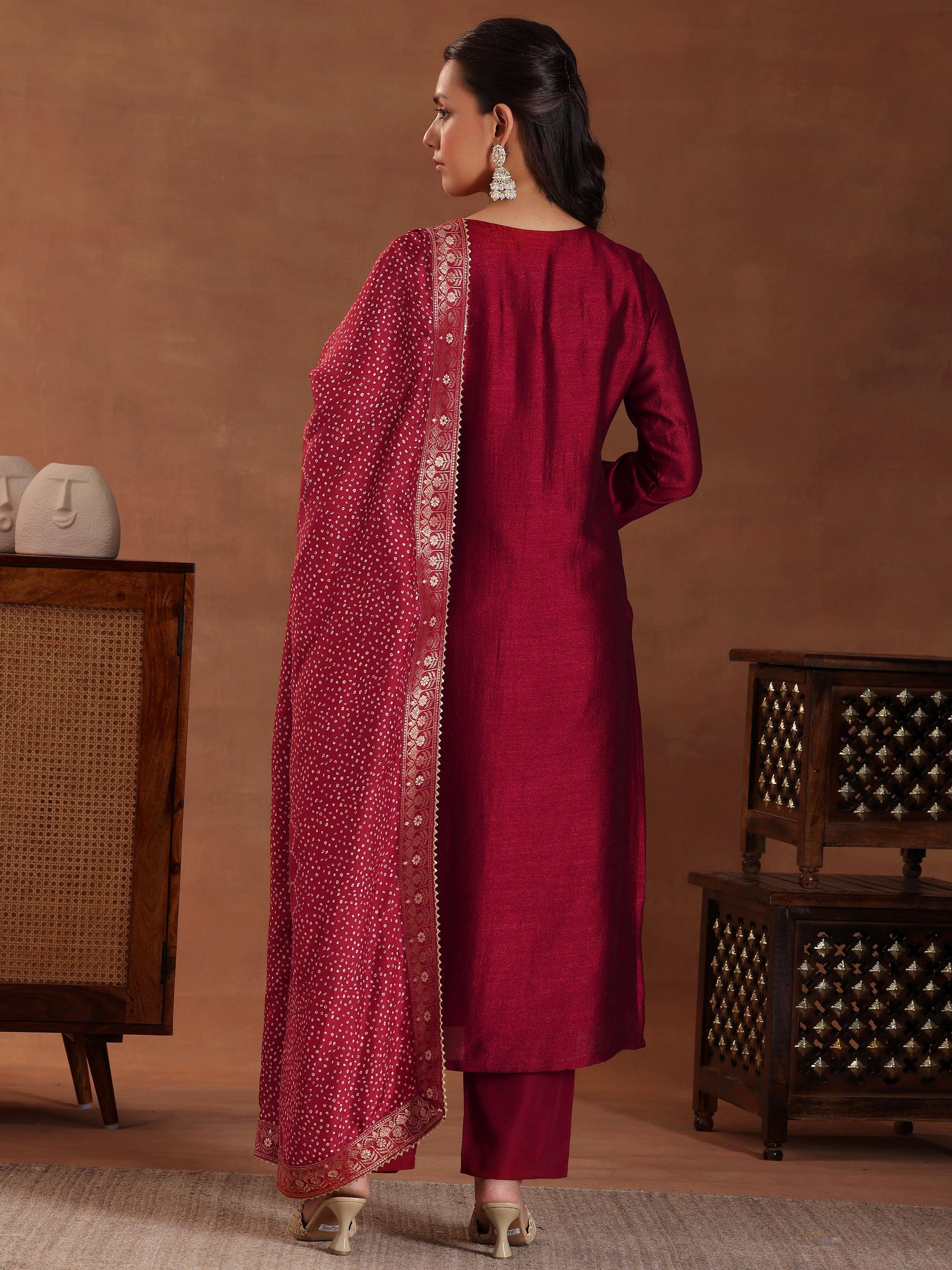 Maroon Embroidered Silk Blend Straight Suit With Dupatta