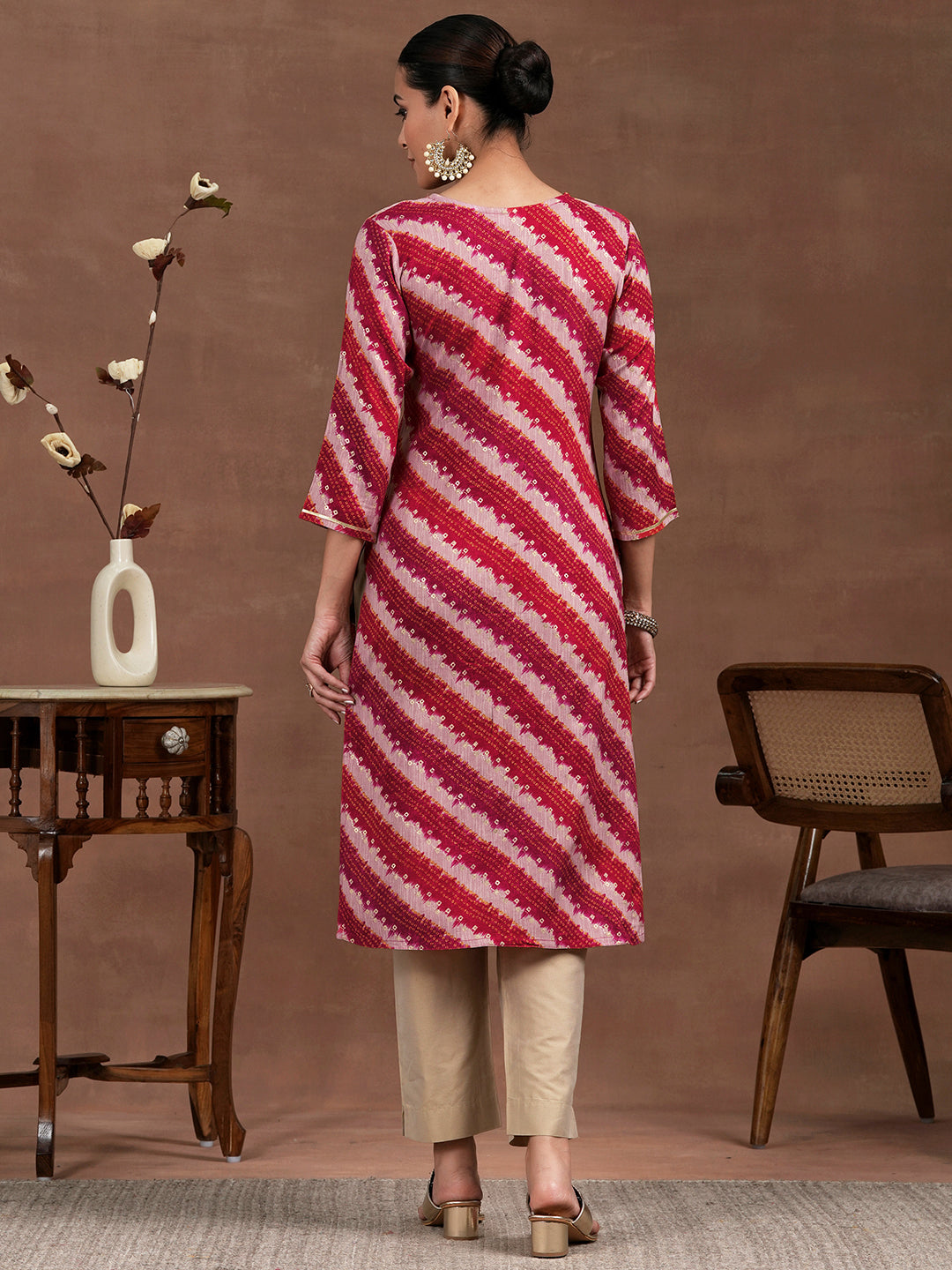 Pink Printed Rayon Straight Kurta