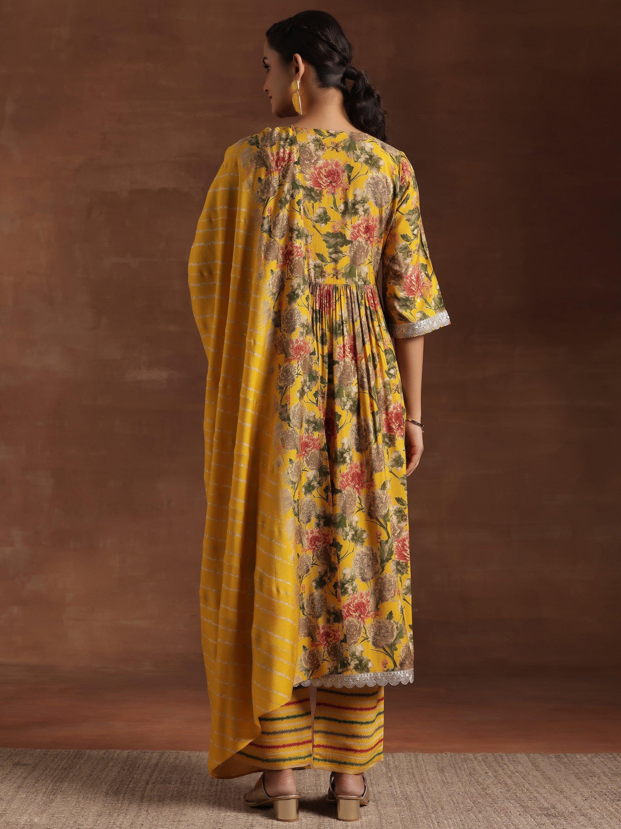 Yellow Printed Silk Blend A-Line Kurta With Trousers & Dupatta