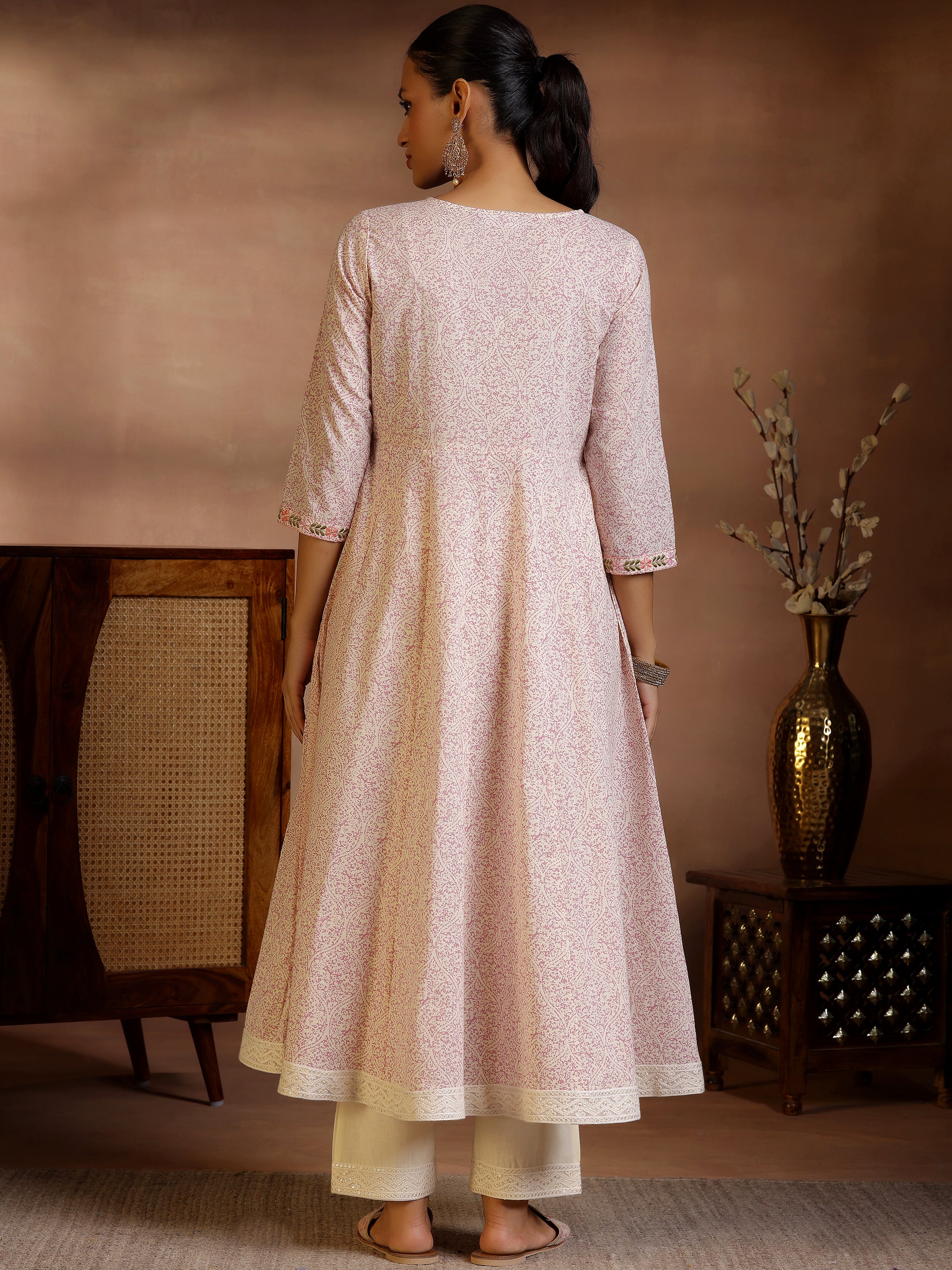 Mauve Printed Cotton Anarkali Kurta With Trousers