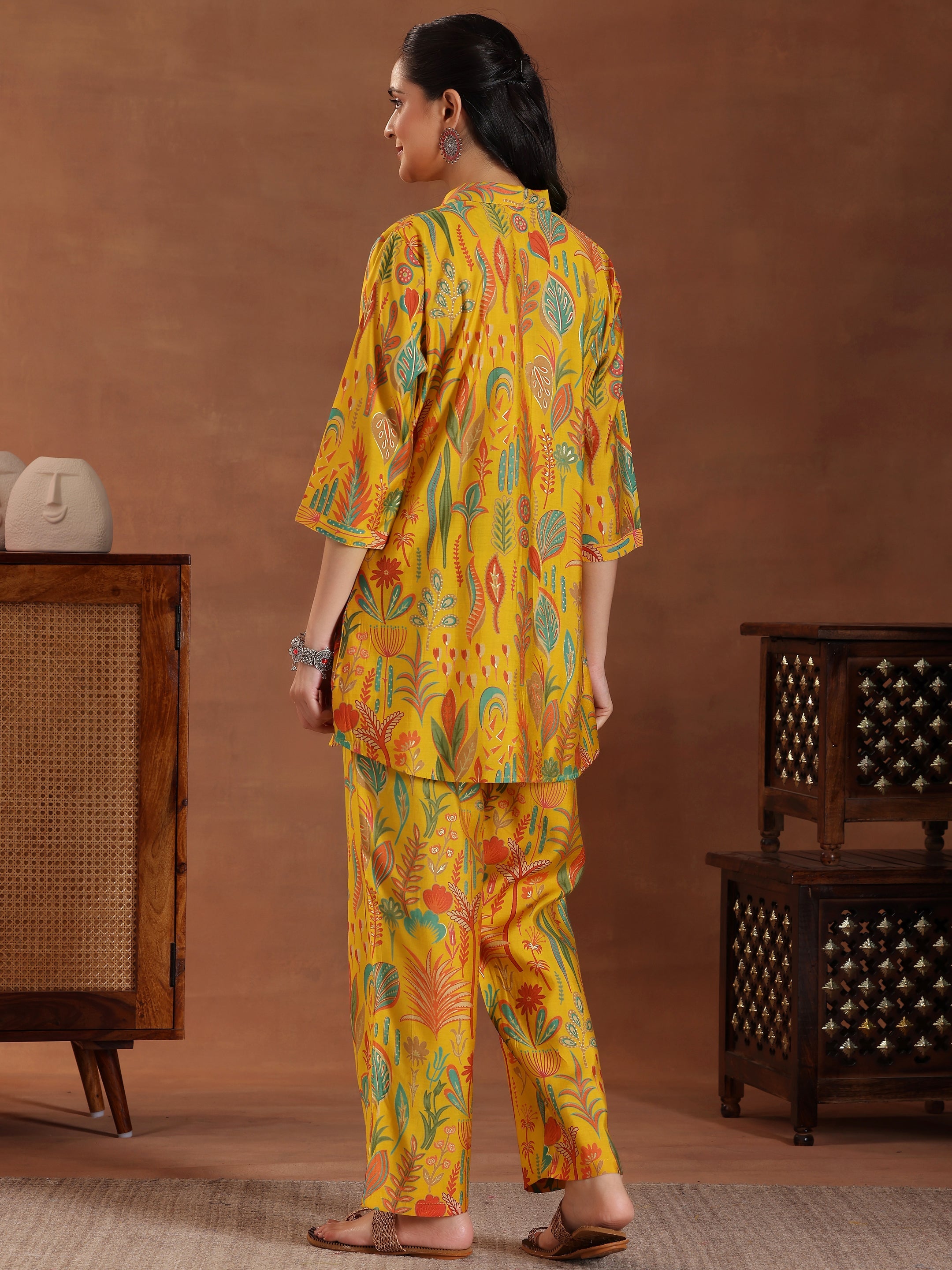 Yellow Printed Silk Blend Co-Ords