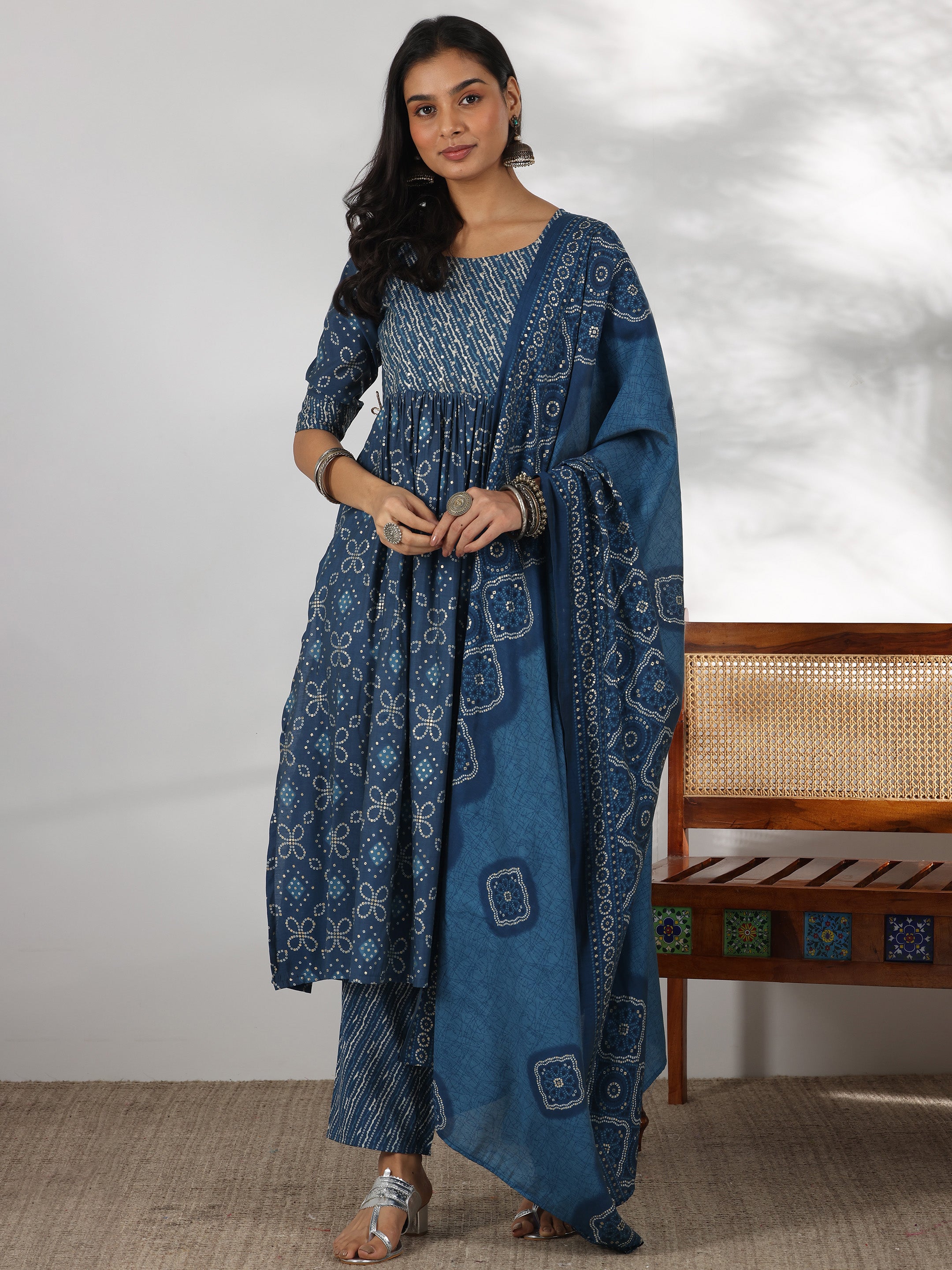 Blue Printed Silk Blend A-Line Kurta With Trousers & Dupatta