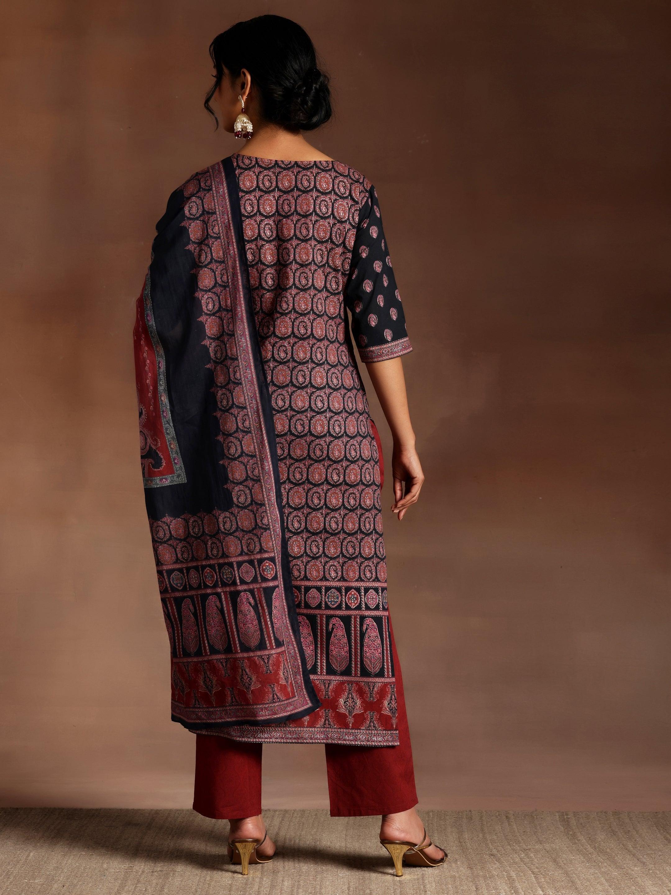 Black Printed Cotton Straight Suit With Dupatta