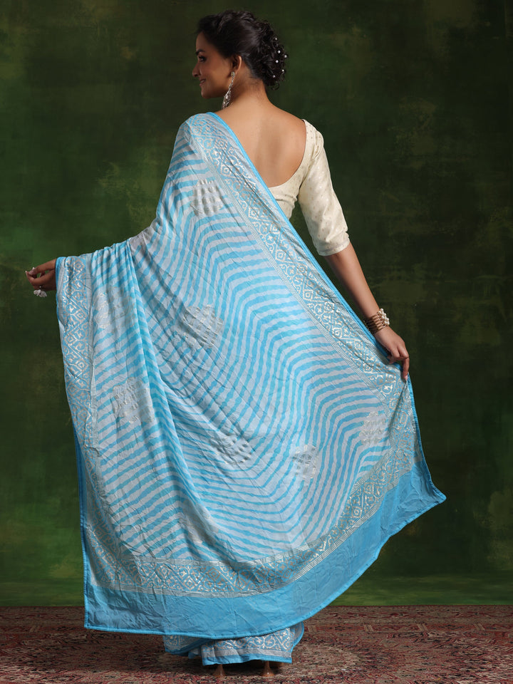 Blue Printed Poly Georgette Saree With Unstitched Blouse Piece