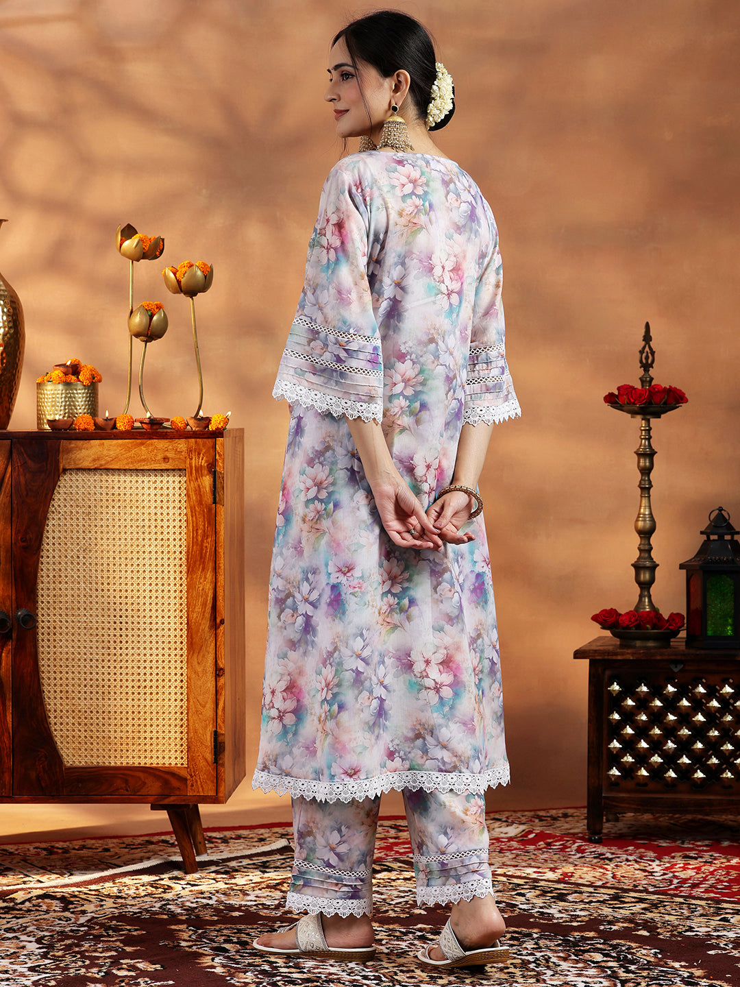 Multi Printed Cotton A-Line Kurta With Palazzos