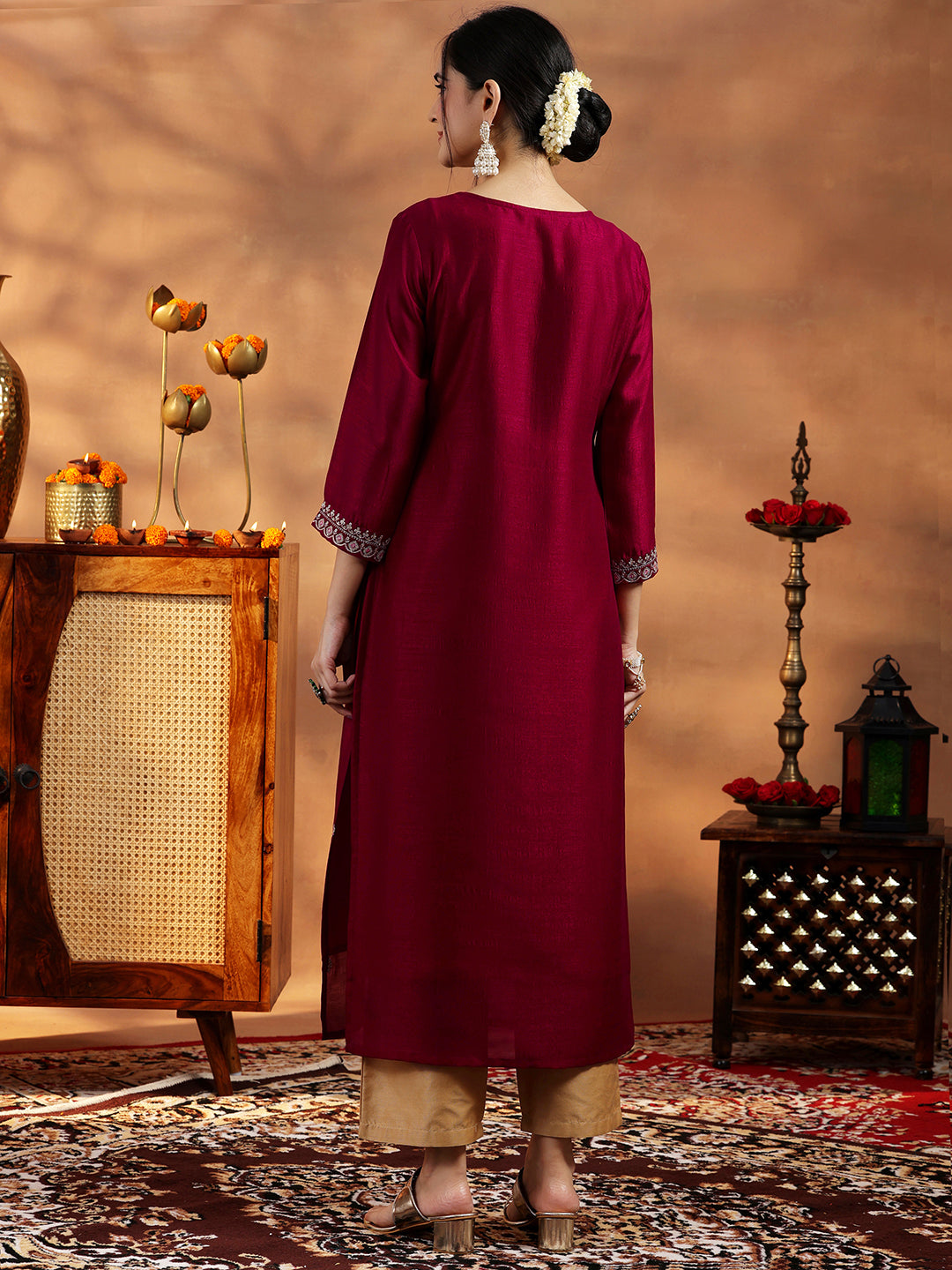 Maroon Embroidered Silk Straight Kurta